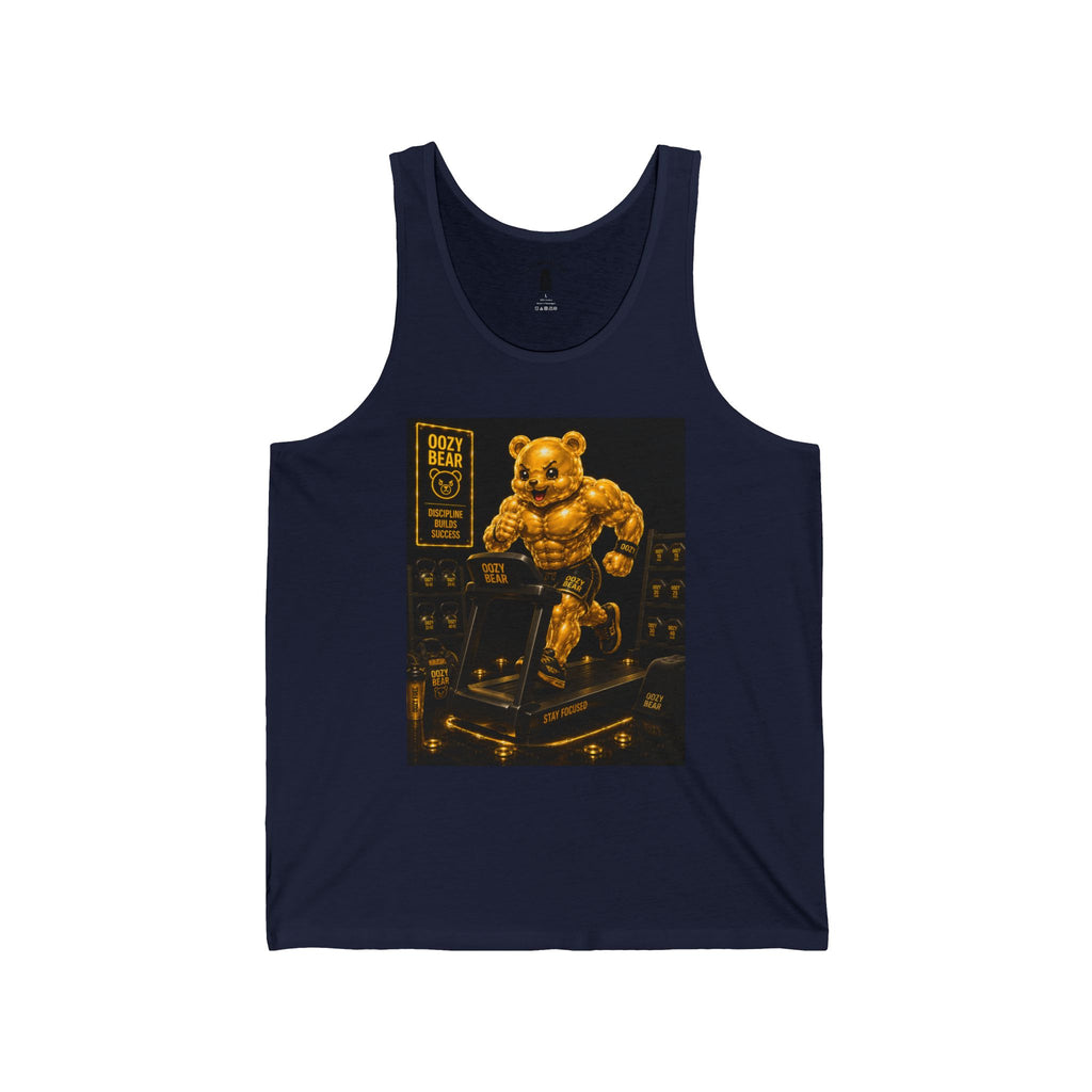 Running On Treadmill, Working Out Golden Yellow Oozy Buff Bear Gummy Gym Addition- Adult Graphic Tank Top