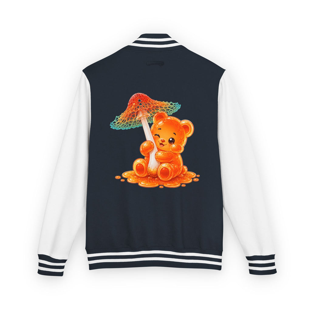 Pretty Orange and Teal Mushroom, Gooey Gummy Bear Friend — Kawaii Graphic Varsity Jacket