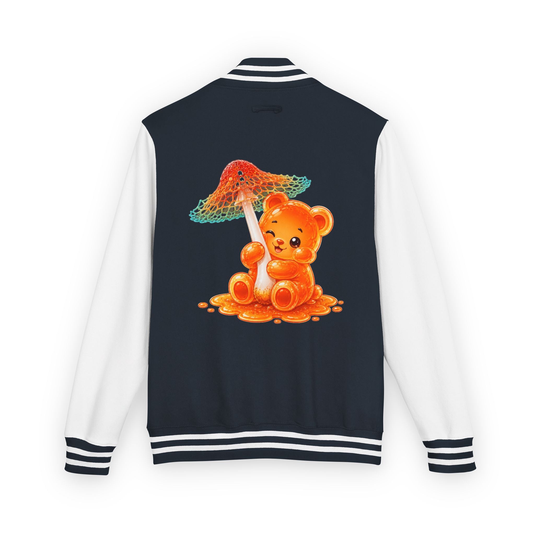 Pretty Orange and Teal Mushroom, Gooey Gummy Bear Friend — Kawaii Graphic Varsity Jacket