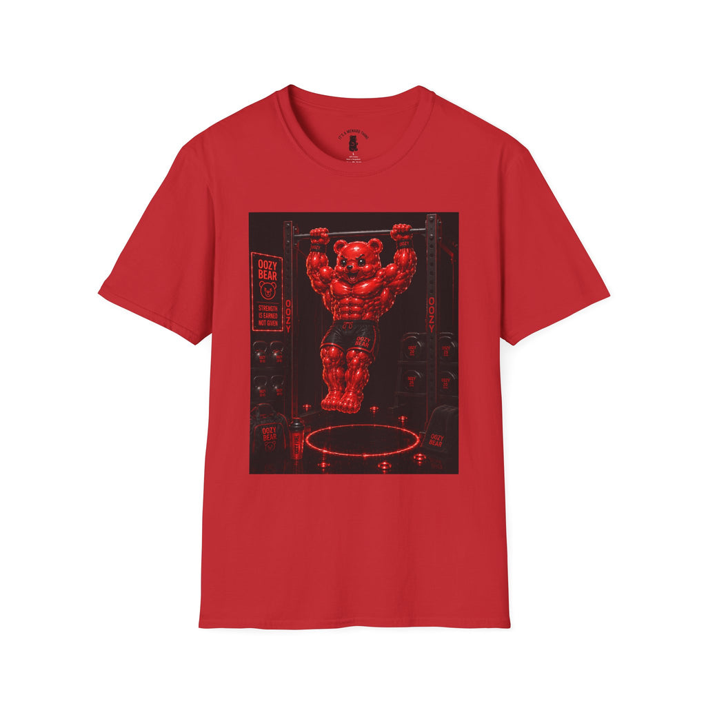 Bar Lifting Fitness Workout, Crimson Oozy Buff Bear Gummy Gym Addition- Adult Graphic Shirt