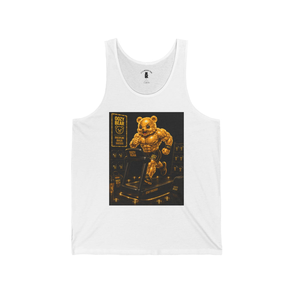 Running On Treadmill, Working Out Golden Yellow Oozy Buff Bear Gummy Gym Addition- Adult Graphic Tank Top