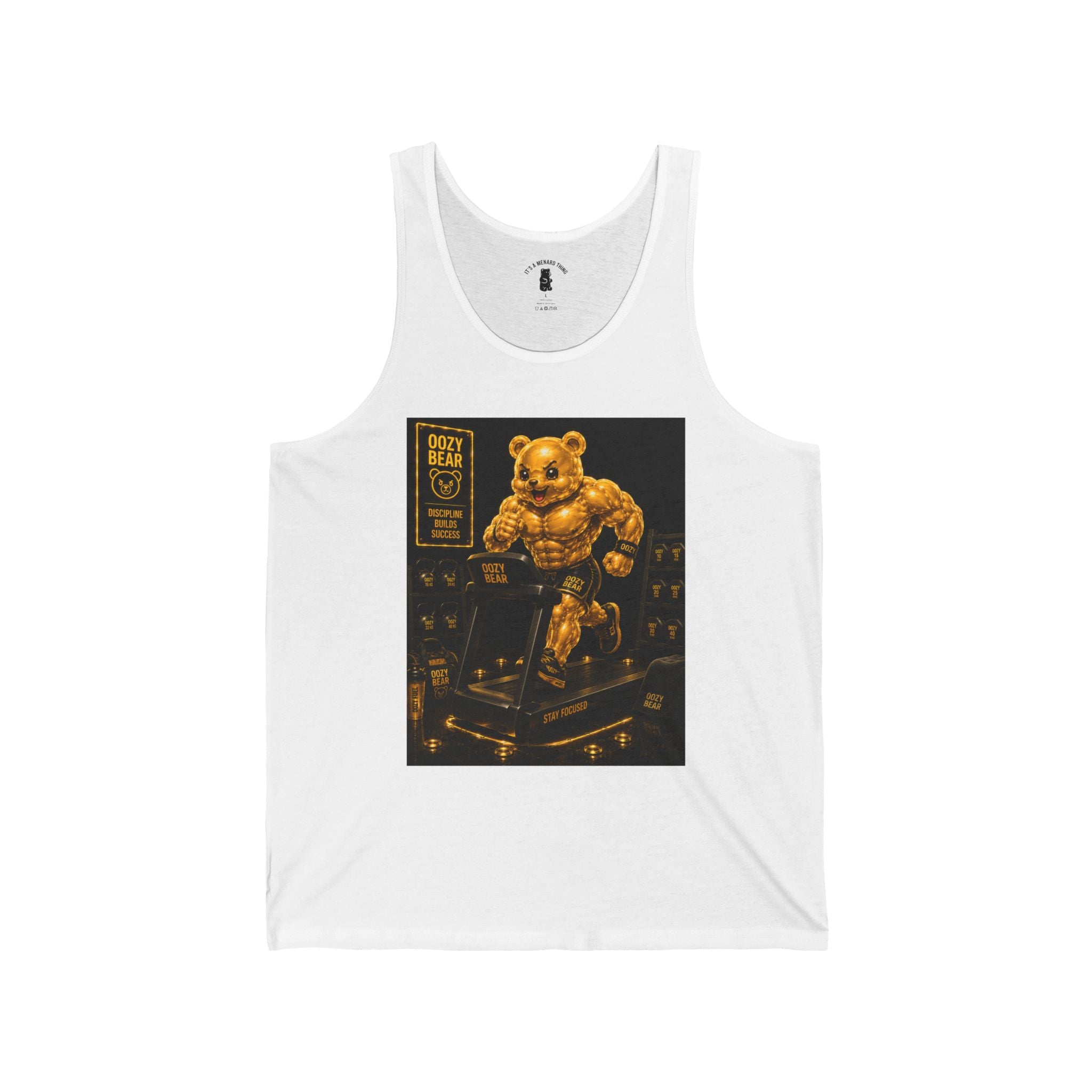 Running On Treadmill, Working Out Golden Yellow Oozy Buff Bear Gummy Gym Addition- Adult Graphic Tank Top