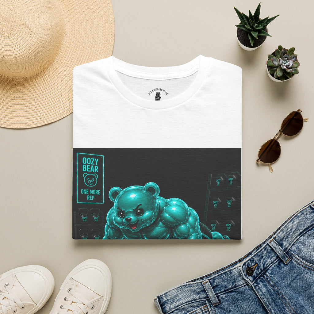 Neon Fitness Push Ups, Teal Oozy Buff Bear Gummy Gym Addition- Adult Graphic Shirt