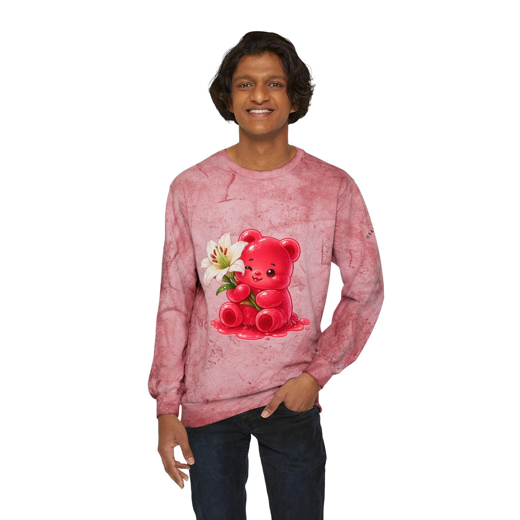 White Lily, Red Gooey Gummy Bear Friend- Graphic Tye-Dye Sweatshirt