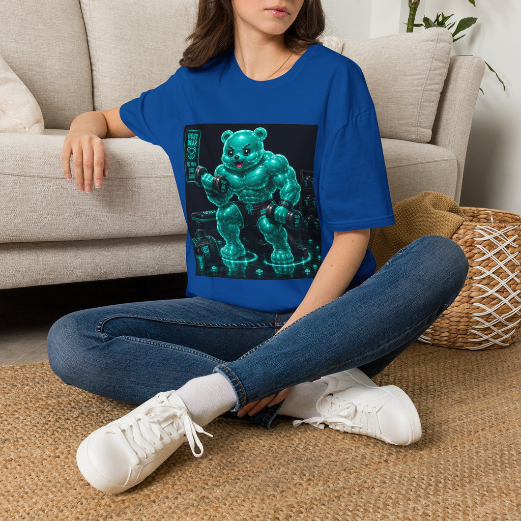 Working Out, Teal Oozy Buff Bear Gummy Gym Addition- Adult Graphic Shirt