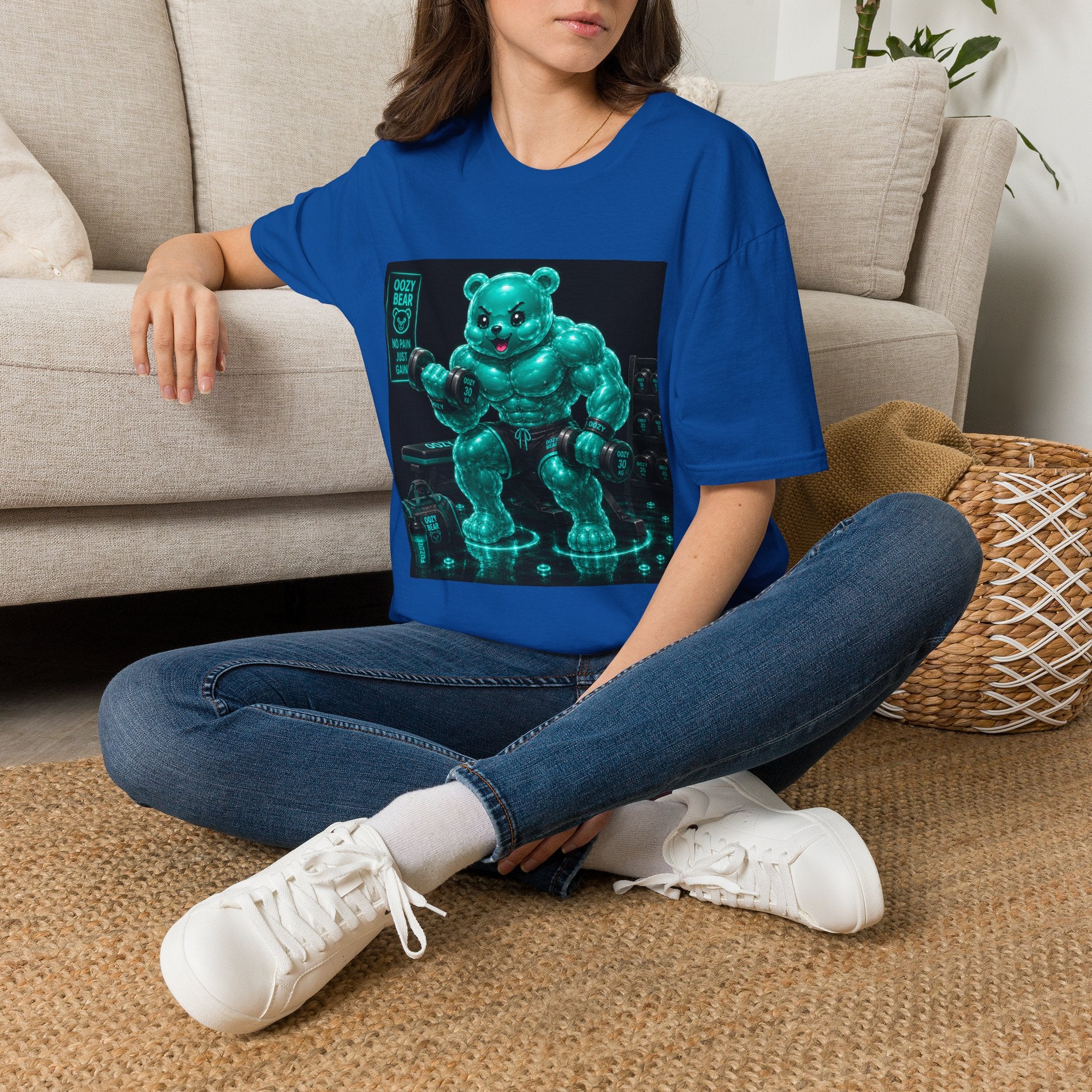 Working Out, Teal Oozy Buff Bear Gummy Gym Addition- Adult Graphic Shirt