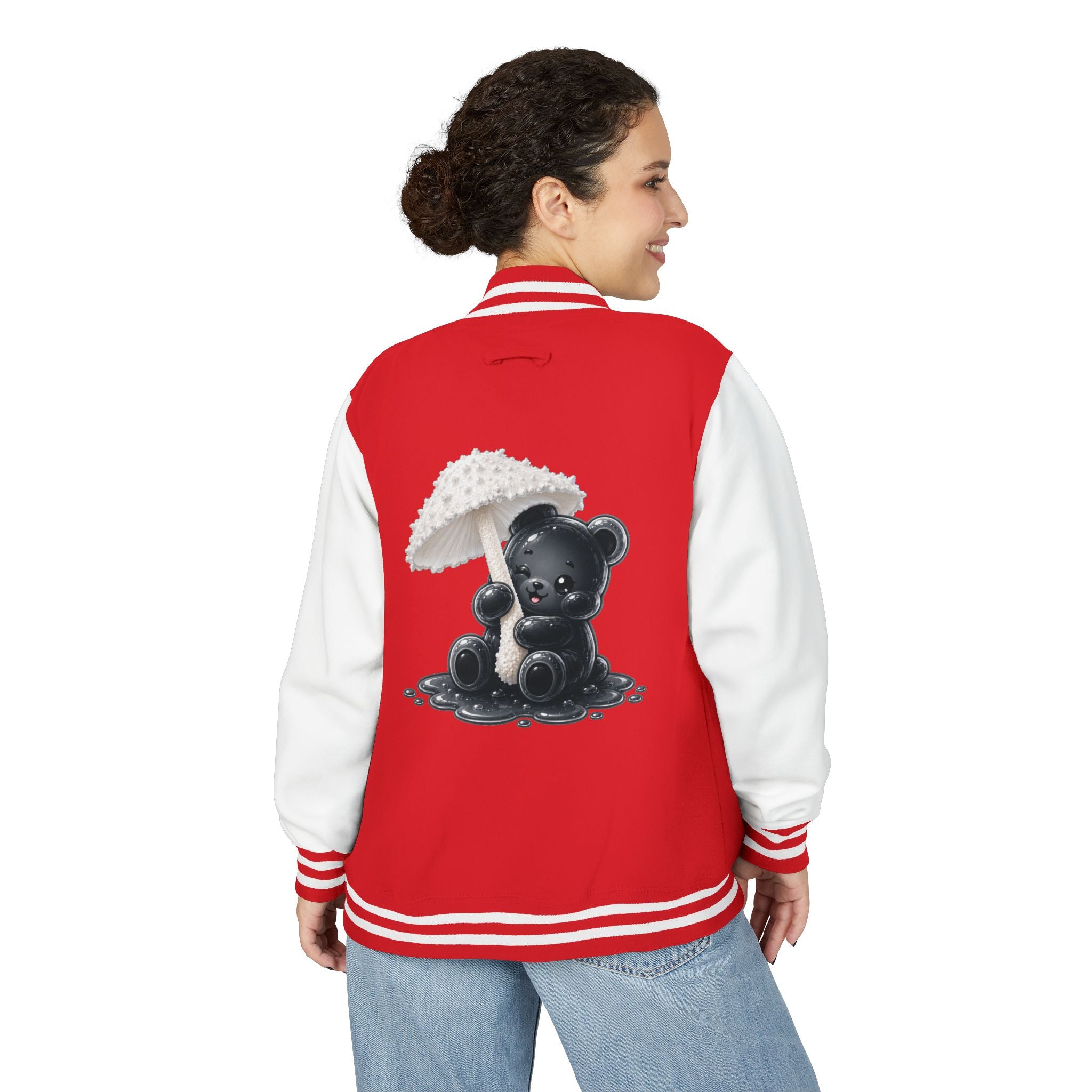 White Mushroom Umbrella, Black Gooey Gummy Bear — Kawaii Graphic Varsity Jacket
