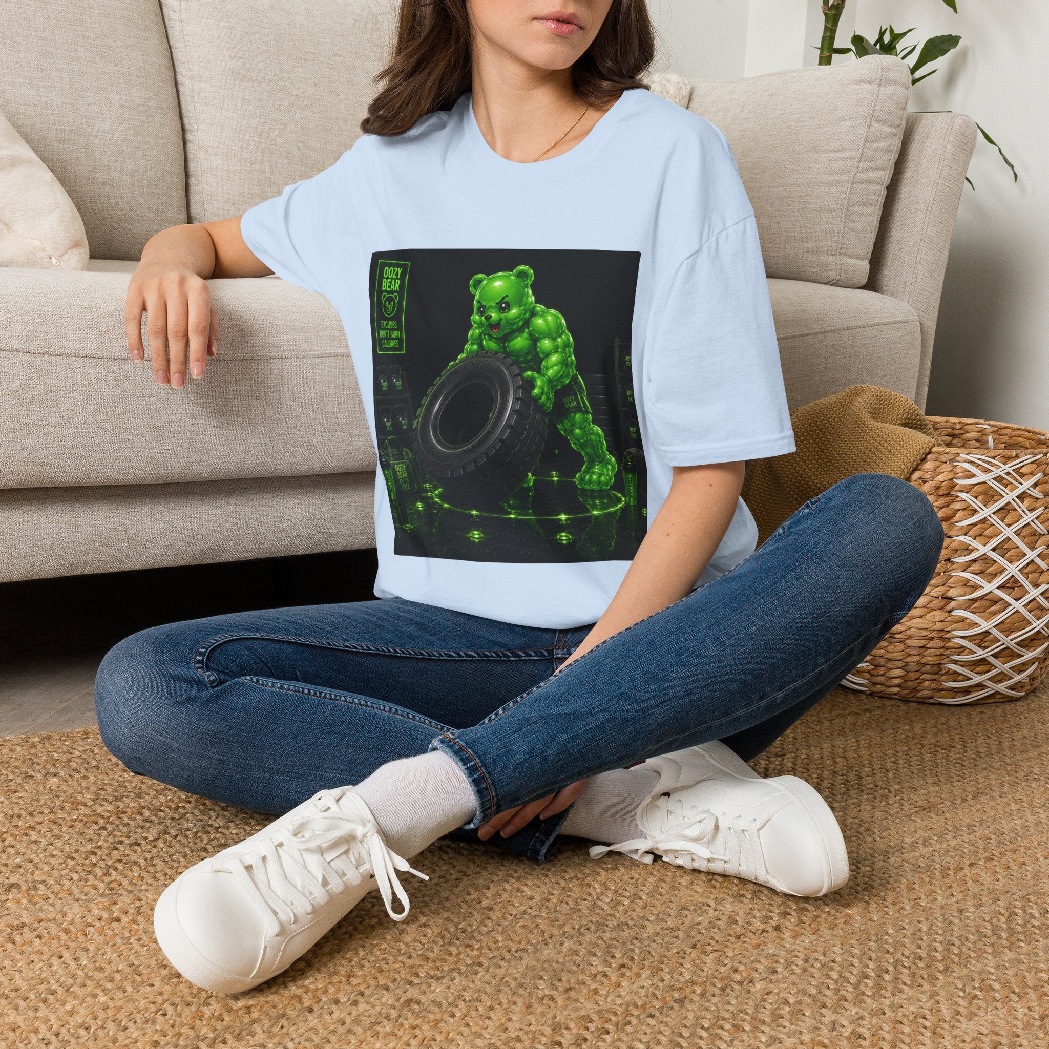 Tire Flipping Work Out, Emerald Oozy Buff Bear Gym Addition- Adult Graphic Shirt