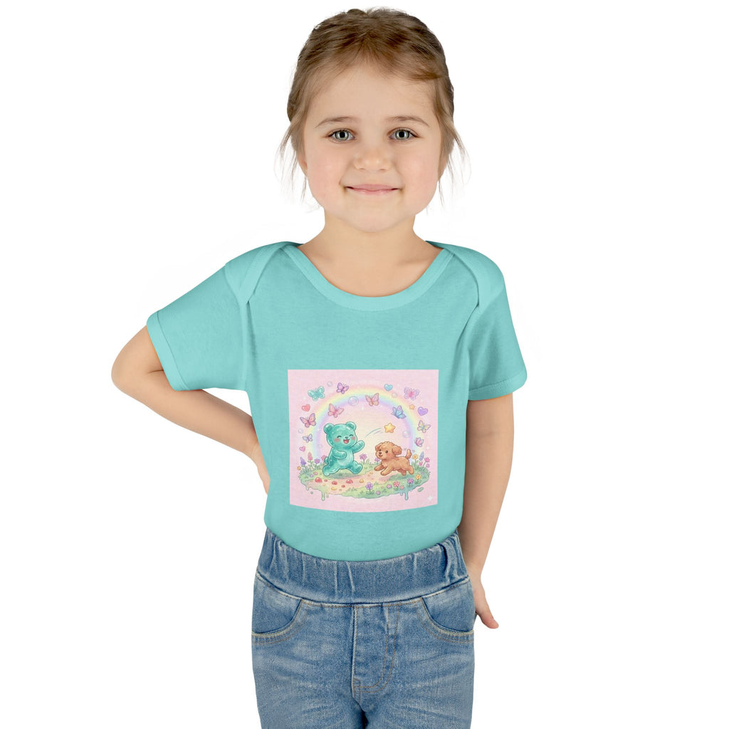 Gooey Gummy Playing Fetch with Puppy, Cute Infant Onesie