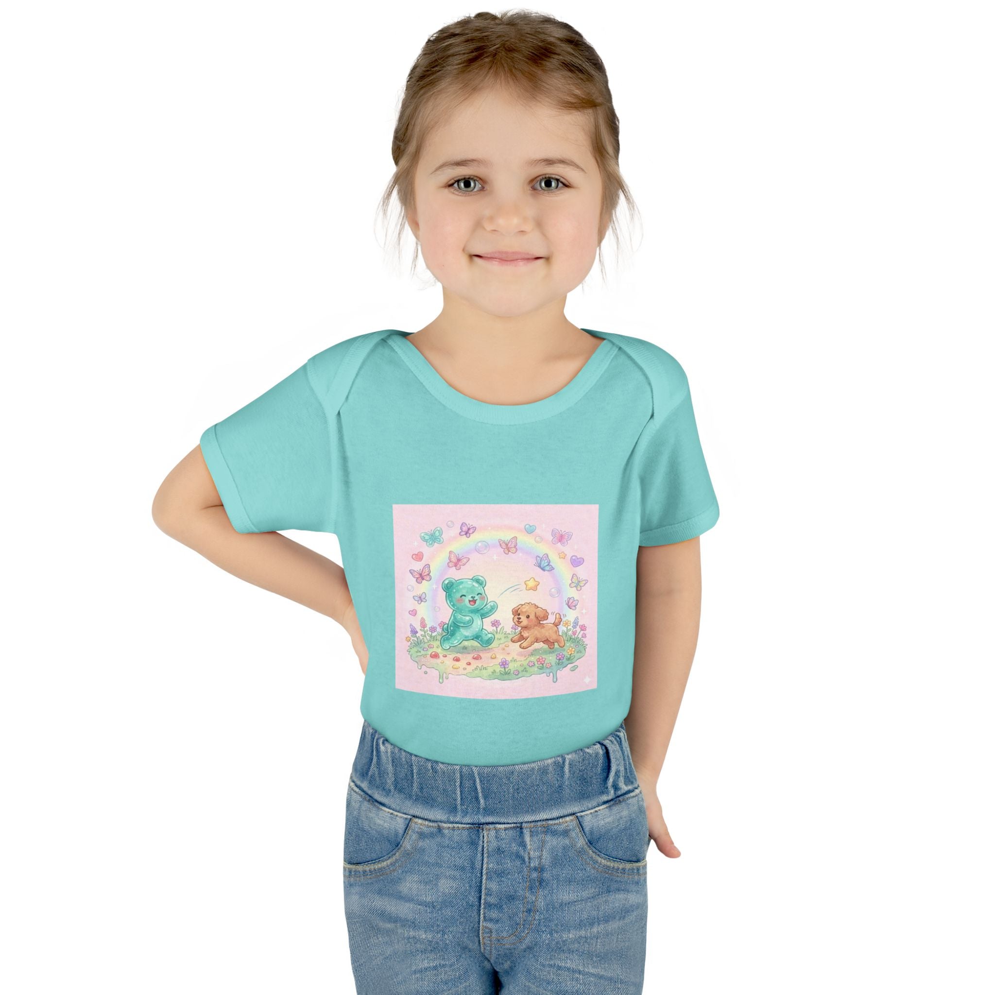 Gooey Gummy Playing Fetch with Puppy, Cute Infant Onesie