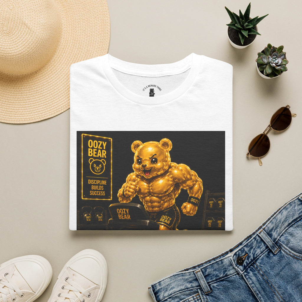 Running The Treadmill, Golden Yellow Oozy Buff Bear Workout- Adult Graphic Shirt