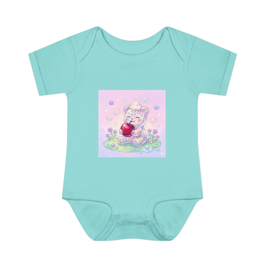 Gooey Gummy Birthday Sprinkles Cake bear eating a Cherry- Infant Onesie