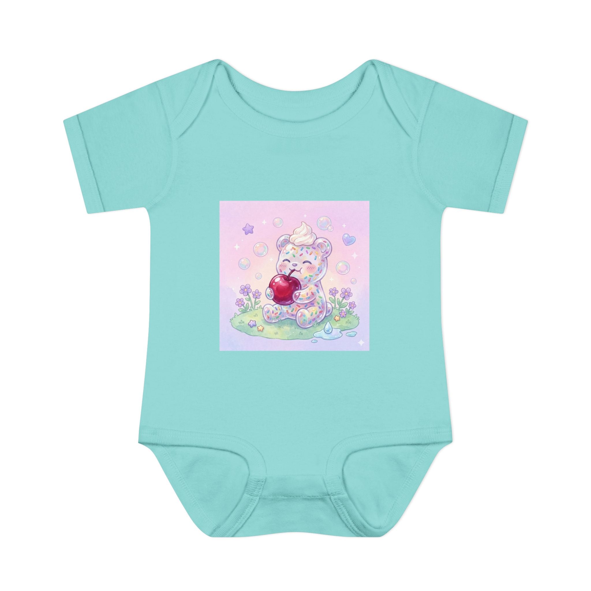 Gooey Gummy Birthday Sprinkles Cake bear eating a Cherry- Infant Onesie