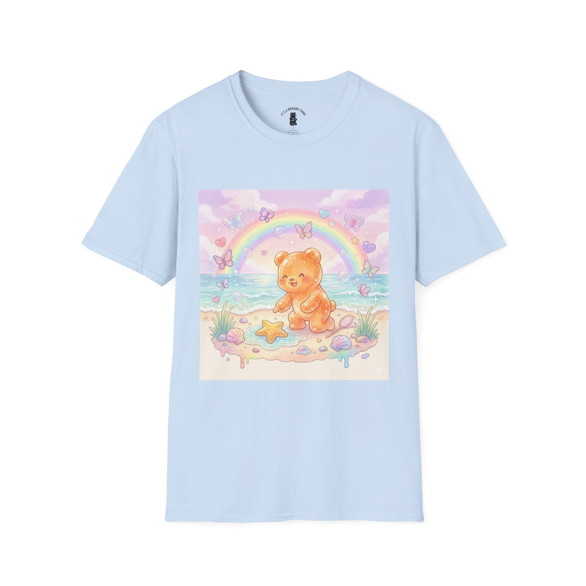 Cute Beach Teddy T-Shirt — Rainbow Seashells & Starfish Graphic Tee