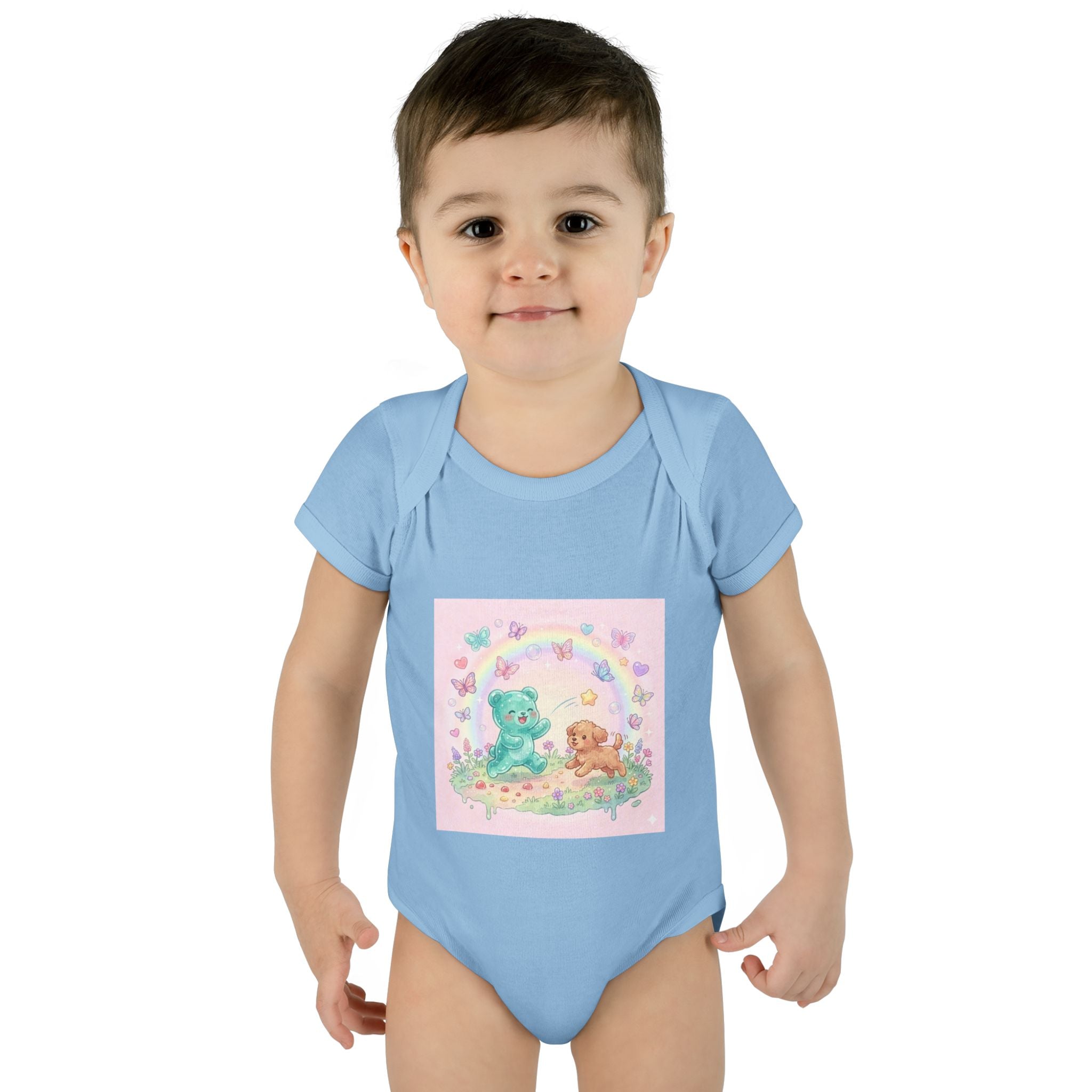 Gooey Gummy Playing Fetch with Puppy, Cute Infant Onesie