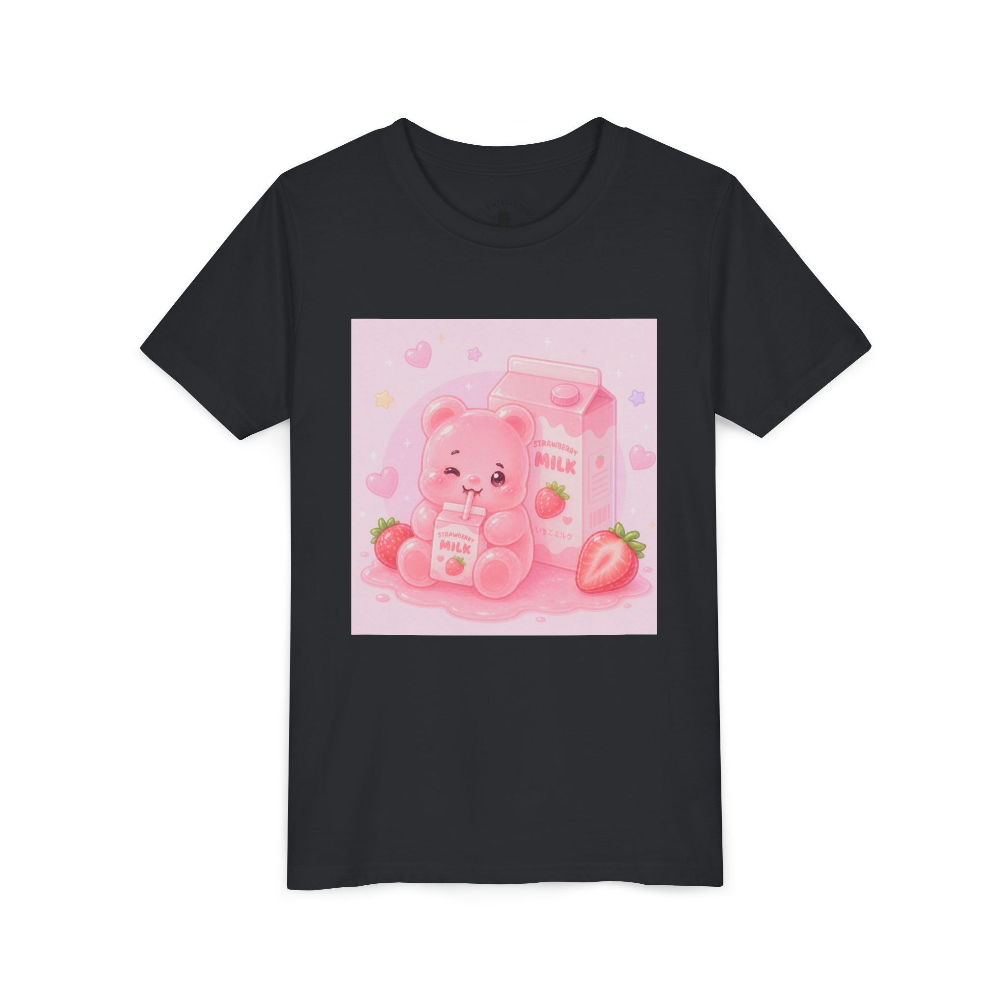 Kids' Pink Strawberry Milk Gooey Gummy Bear— Cute Youth Short Sleeve Shirt