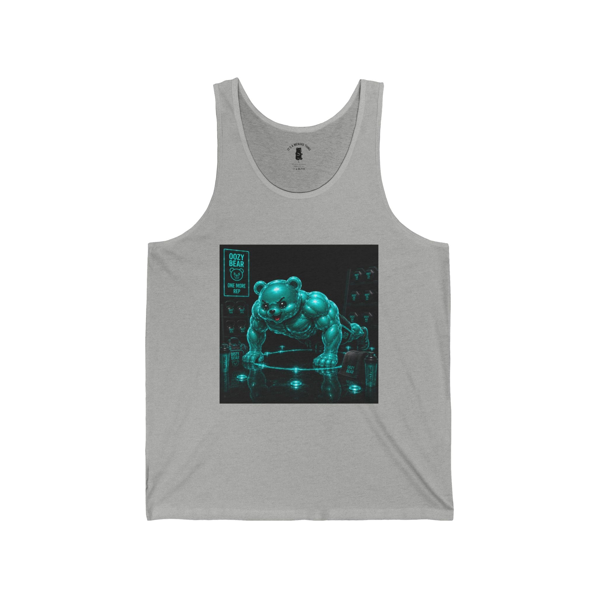 Doing Push Ups, Working Out Teal Oozy Buff Bear Gummy- Adult Graphic Tank Top