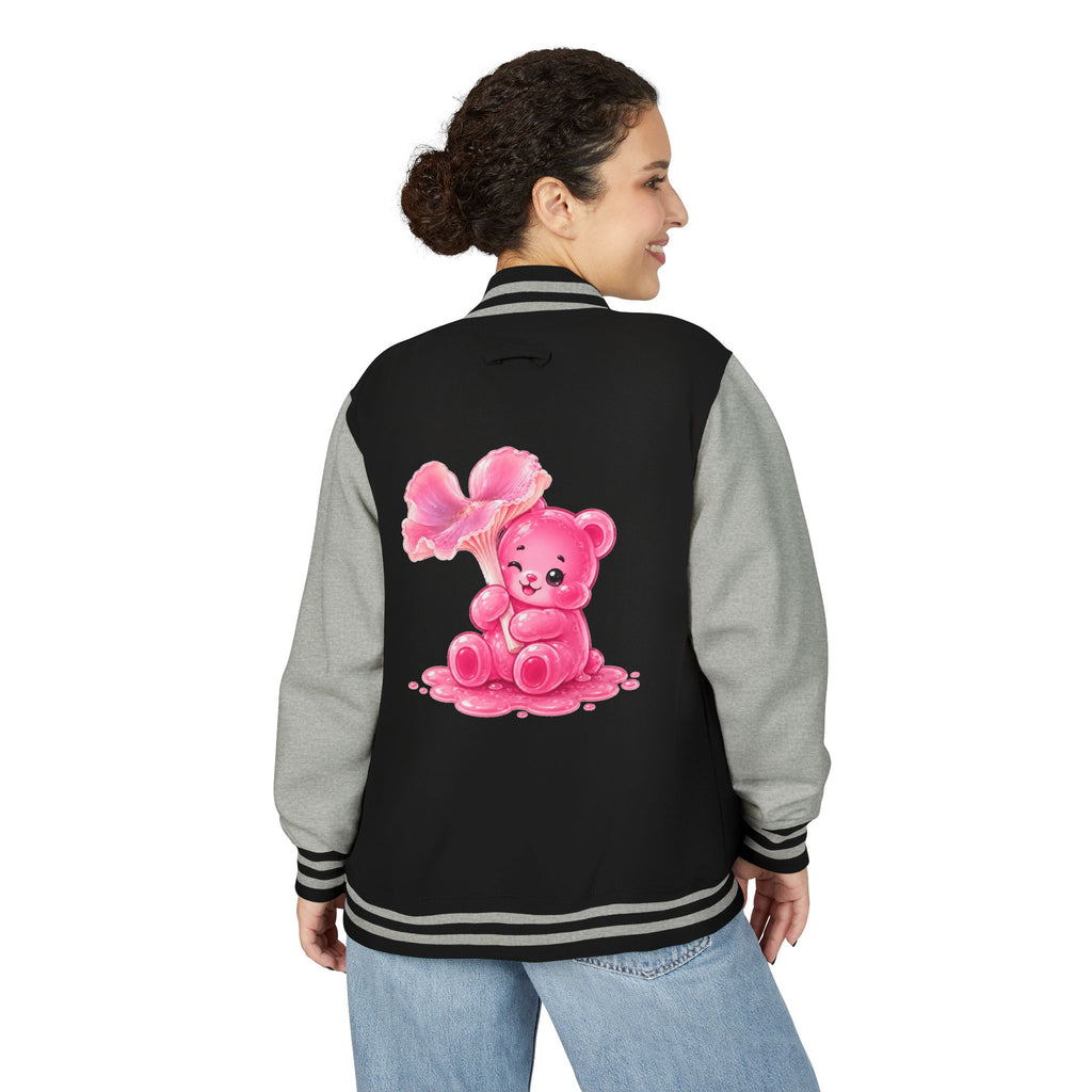 Pink Wax Cap Mushroom, Gooey Gummy Bear Friend — Kawaii Graphic Varsity Jacket