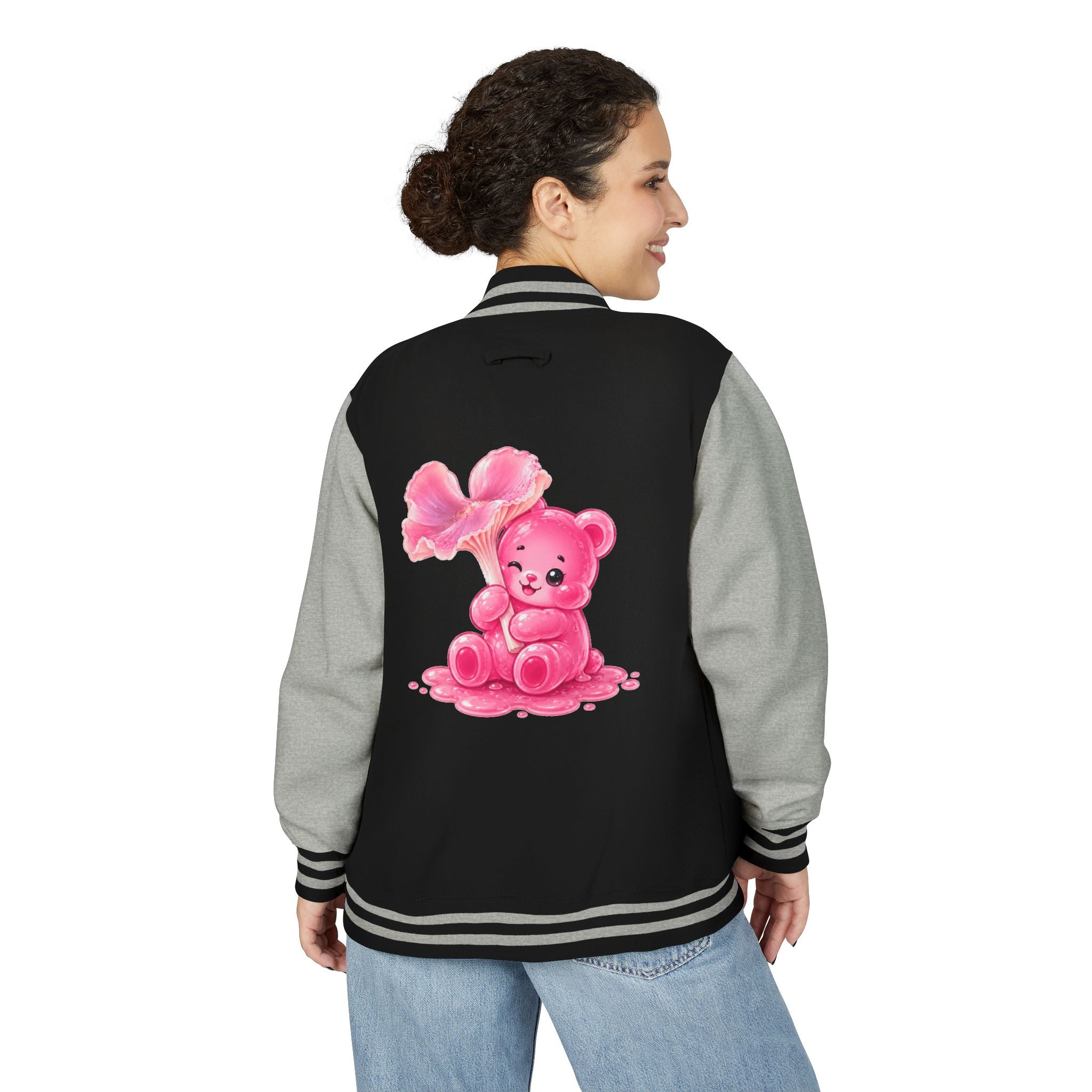 Pink Wax Cap Mushroom, Gooey Gummy Bear Friend — Kawaii Graphic Varsity Jacket