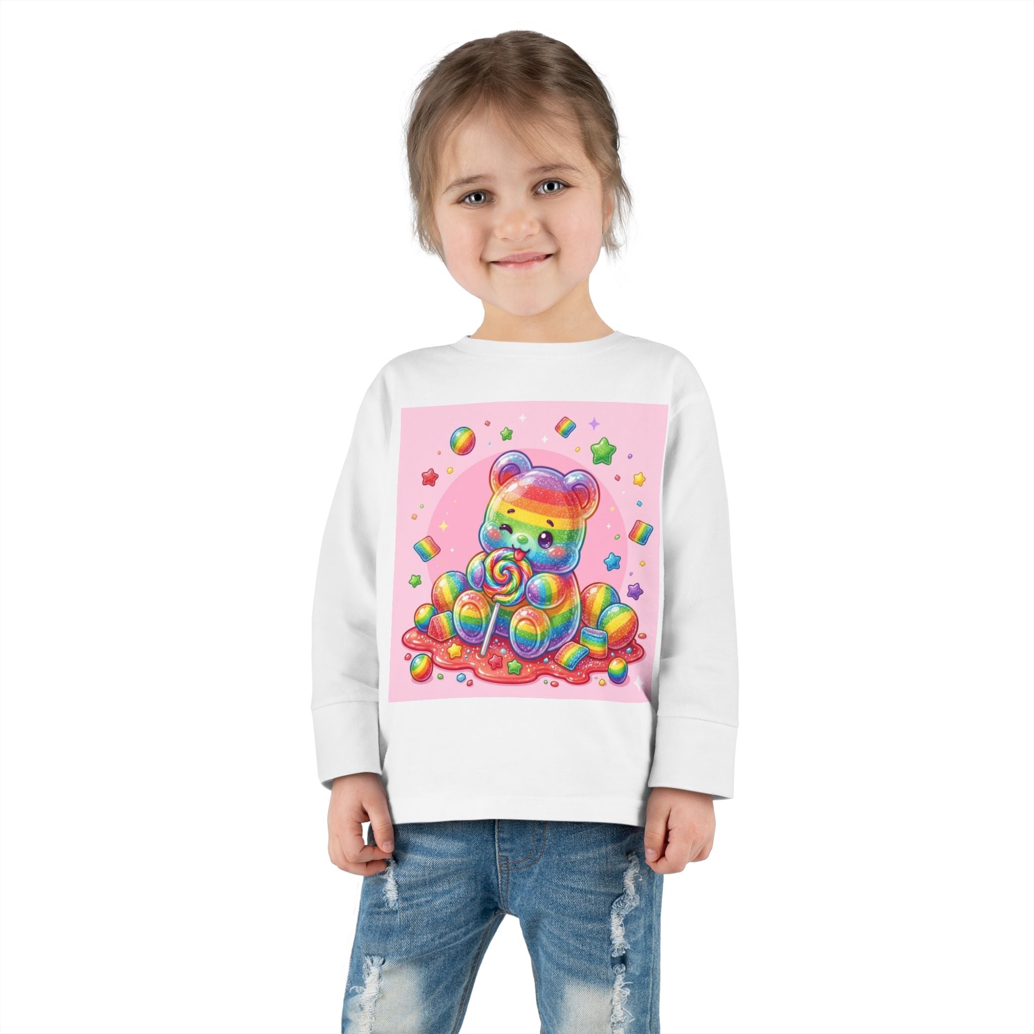Rainbow Stripe Oozy Bear Gummy Special- Kids Graphic Long Sleeve Shirt