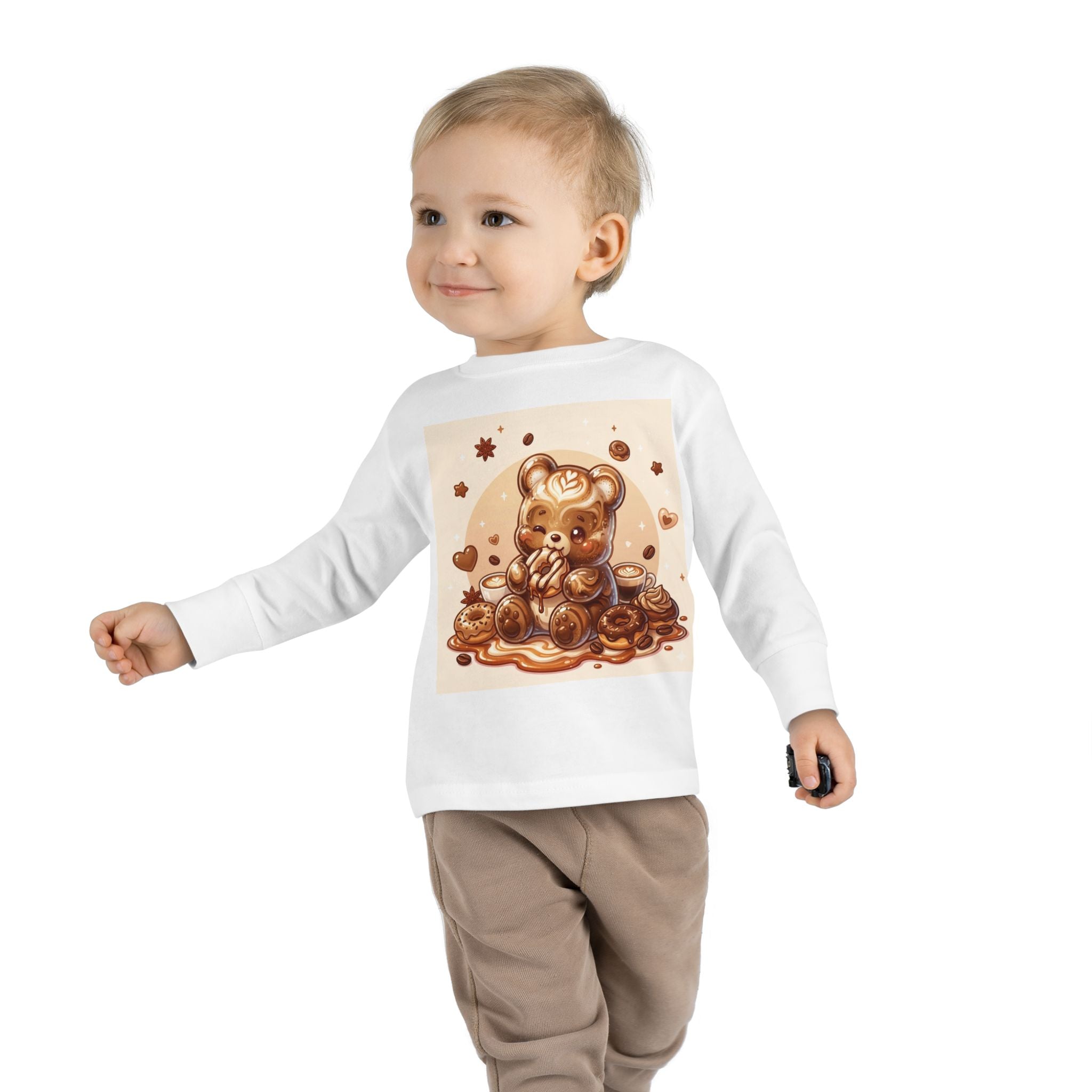 Coffee & Donuts with Chocolate, Oozy Bear Gummy Girls— Kids Illustrated Long Sleeve Shirt