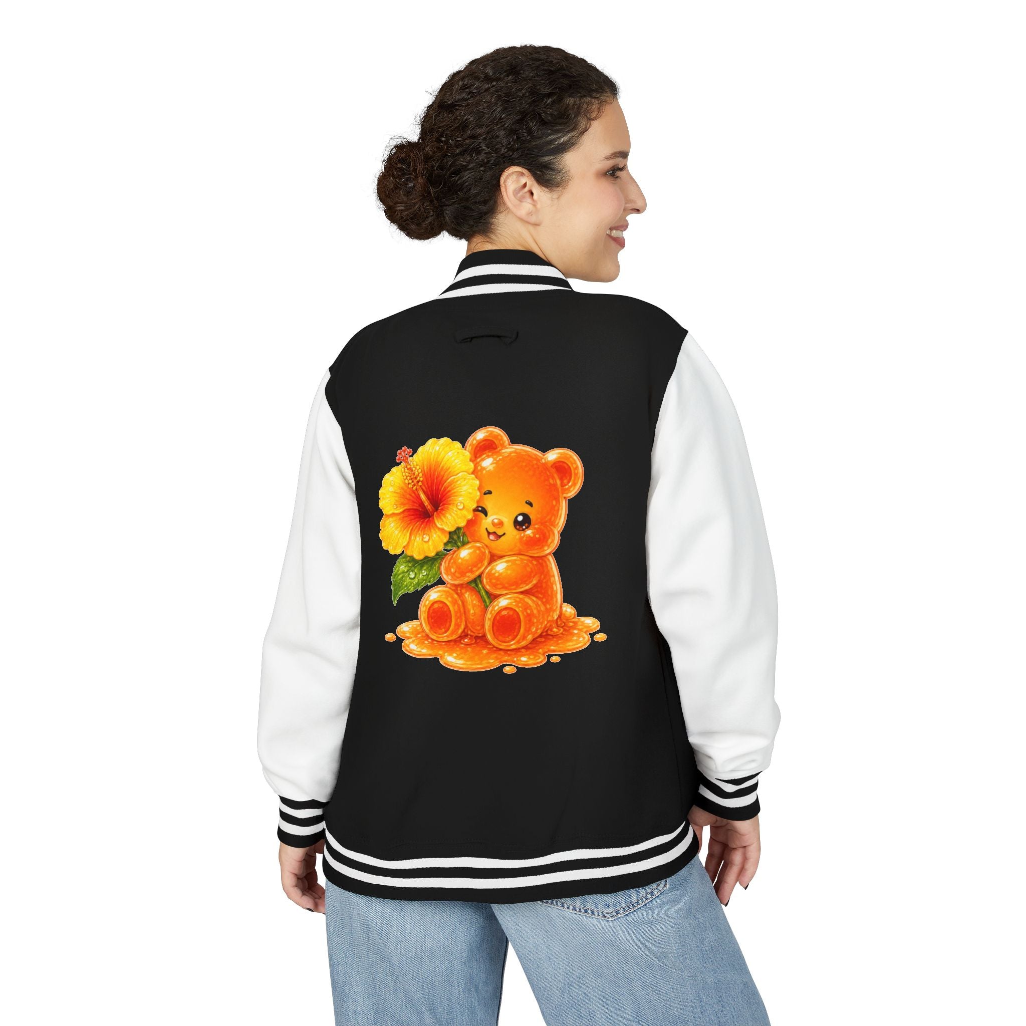 Golden Hibiscus, Yellow Gooey Gummy Bear Friend- Kawaii Varsity Jacket