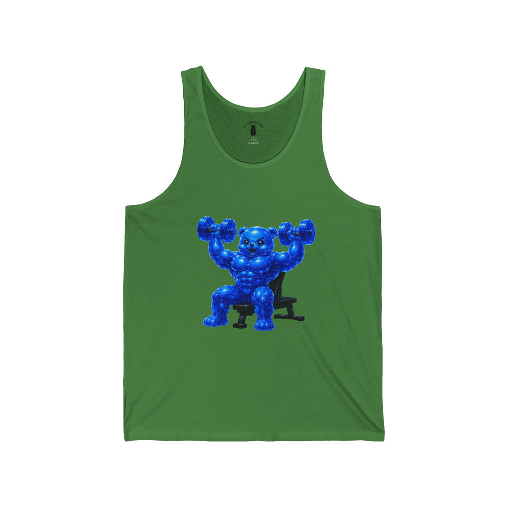 Weight Lifting, Deep Blue Oozy Buff Bear Gummy Gym Addition- Adult Graphic Tank Top
