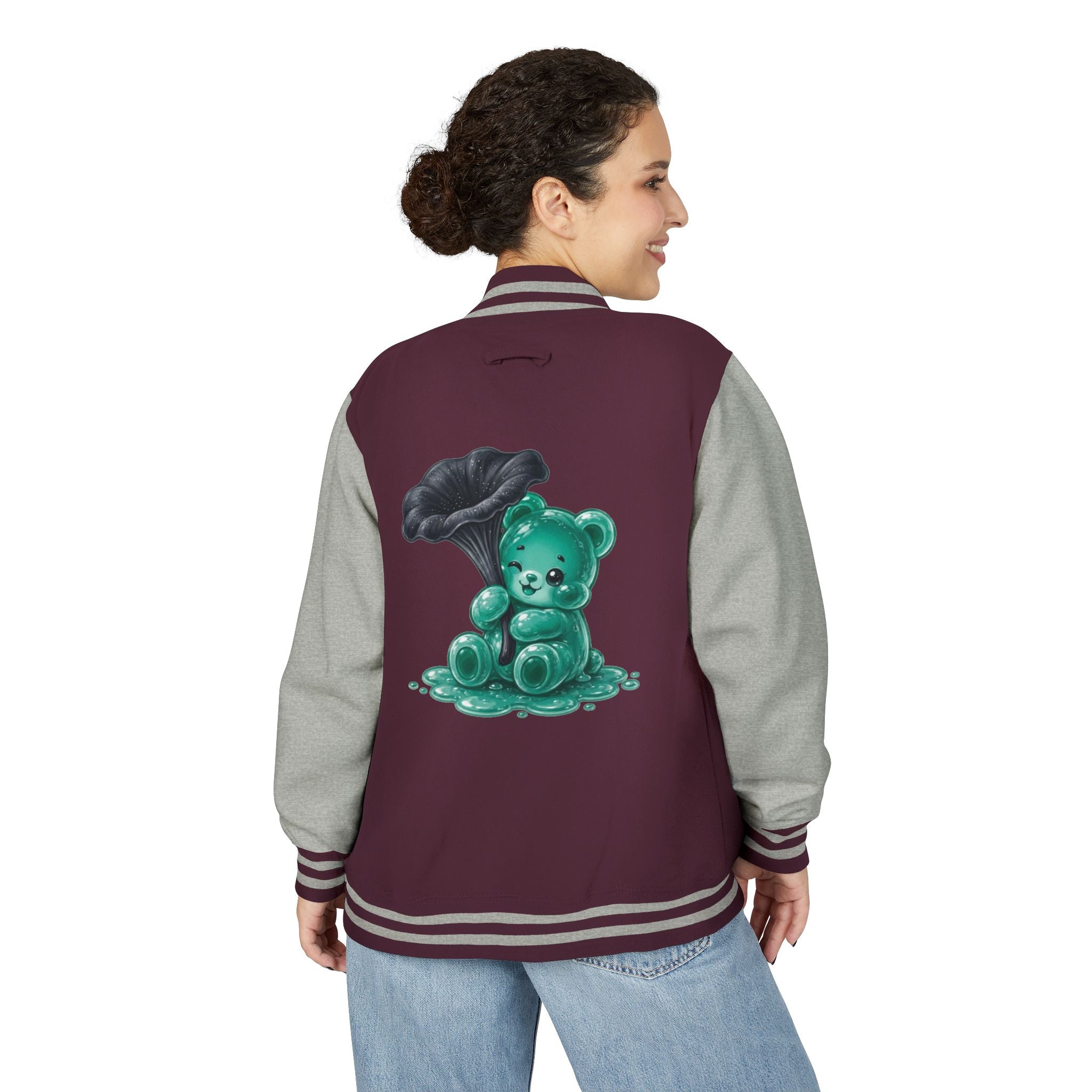 Black Trumpet Mushroom, Teal Oozy Bear Gummy Friend- Letterman Graphic Jacket
