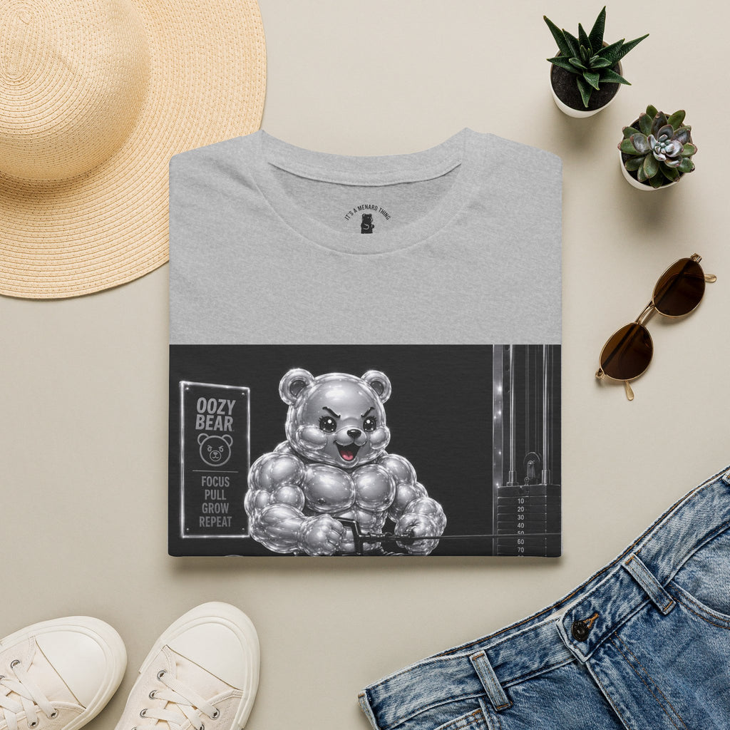 Working on the Bench, Silver Oozy Buff Bear Gummy Gym Addition- Adult Graphic Shirt