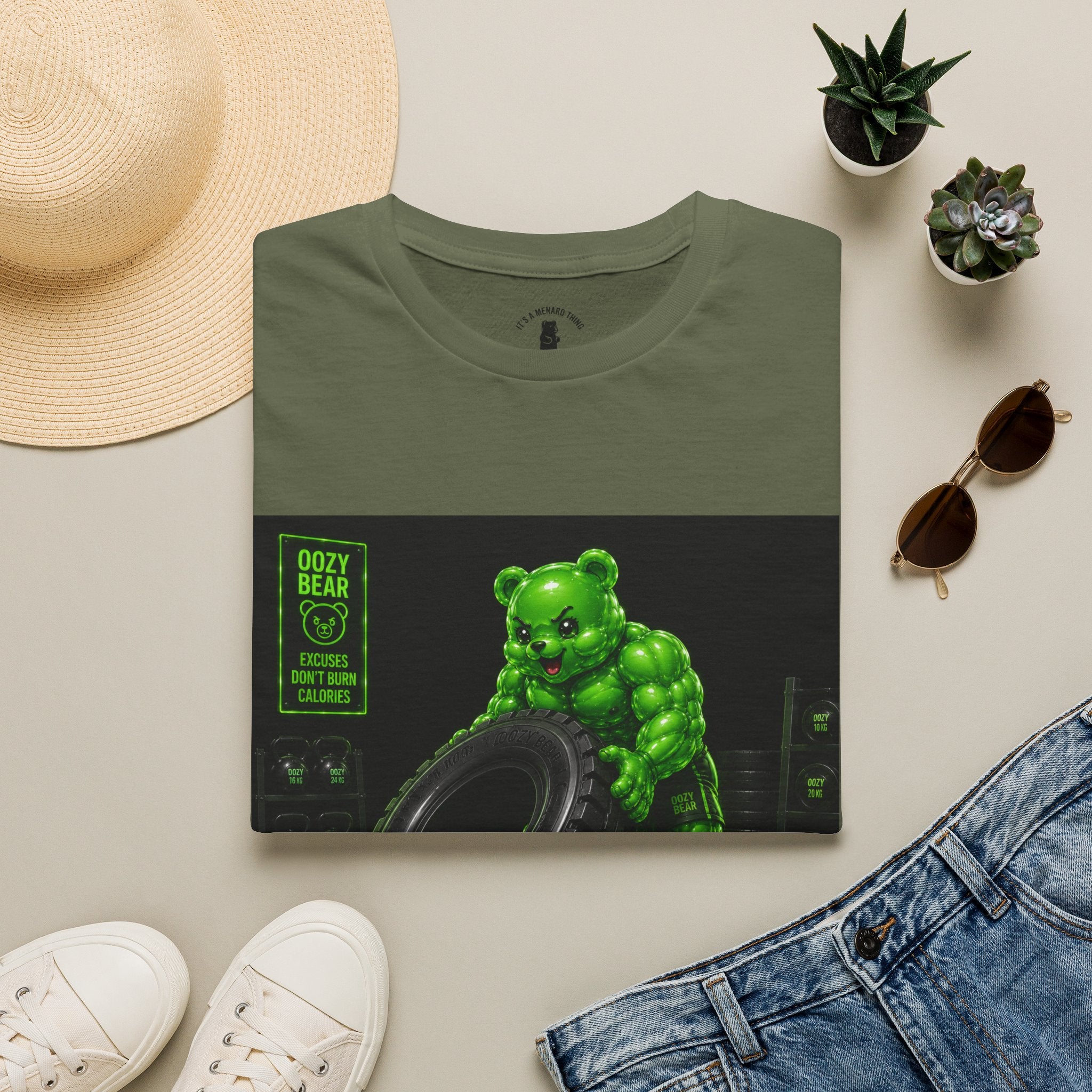 Tire Flipping Work Out, Emerald Oozy Buff Bear Gym Addition- Adult Graphic Shirt