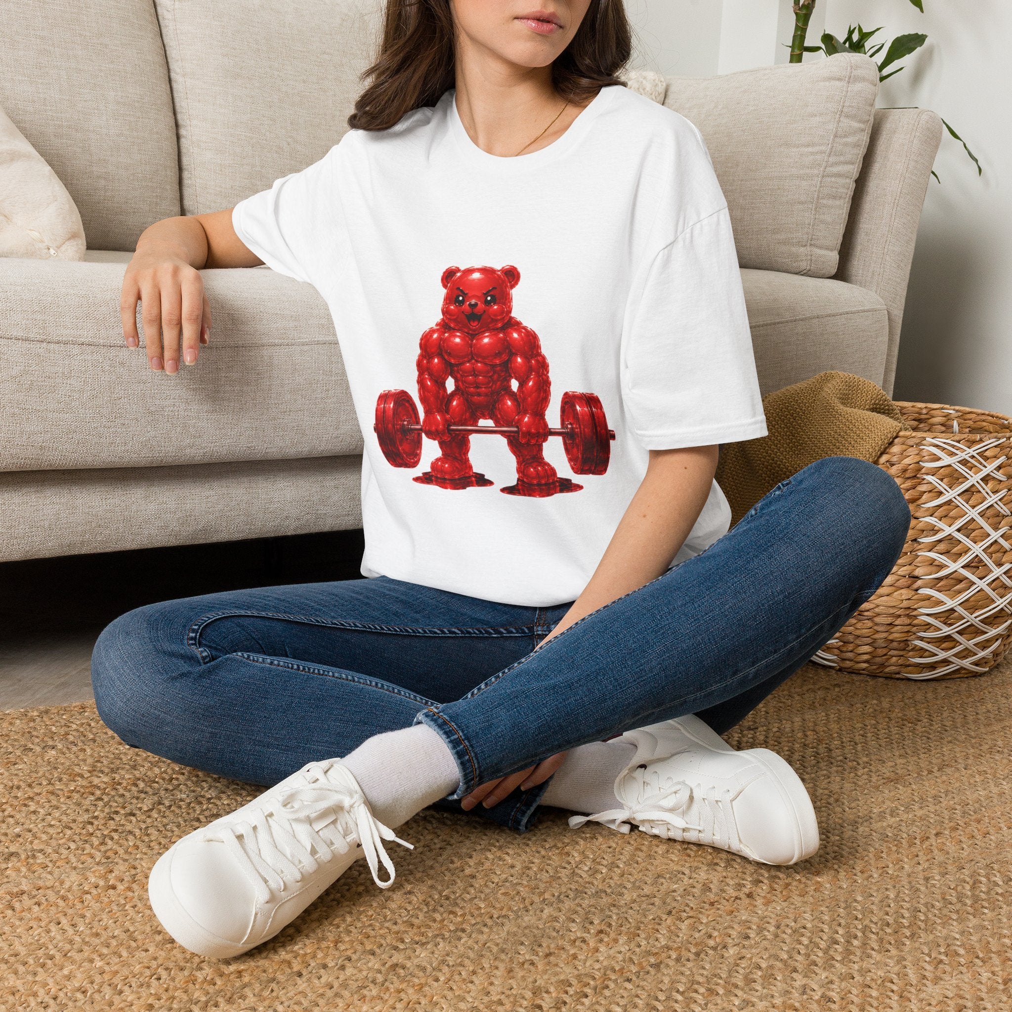 Heavy Bar Workout, Red Oozy Buff Bear Gym Gummy- Adult Graphic Shirt (18+)