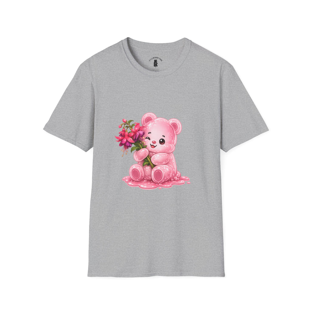 Tropical Pink Flowers, Pretty Pale Oozy Bear Friend- Graphic Shirt