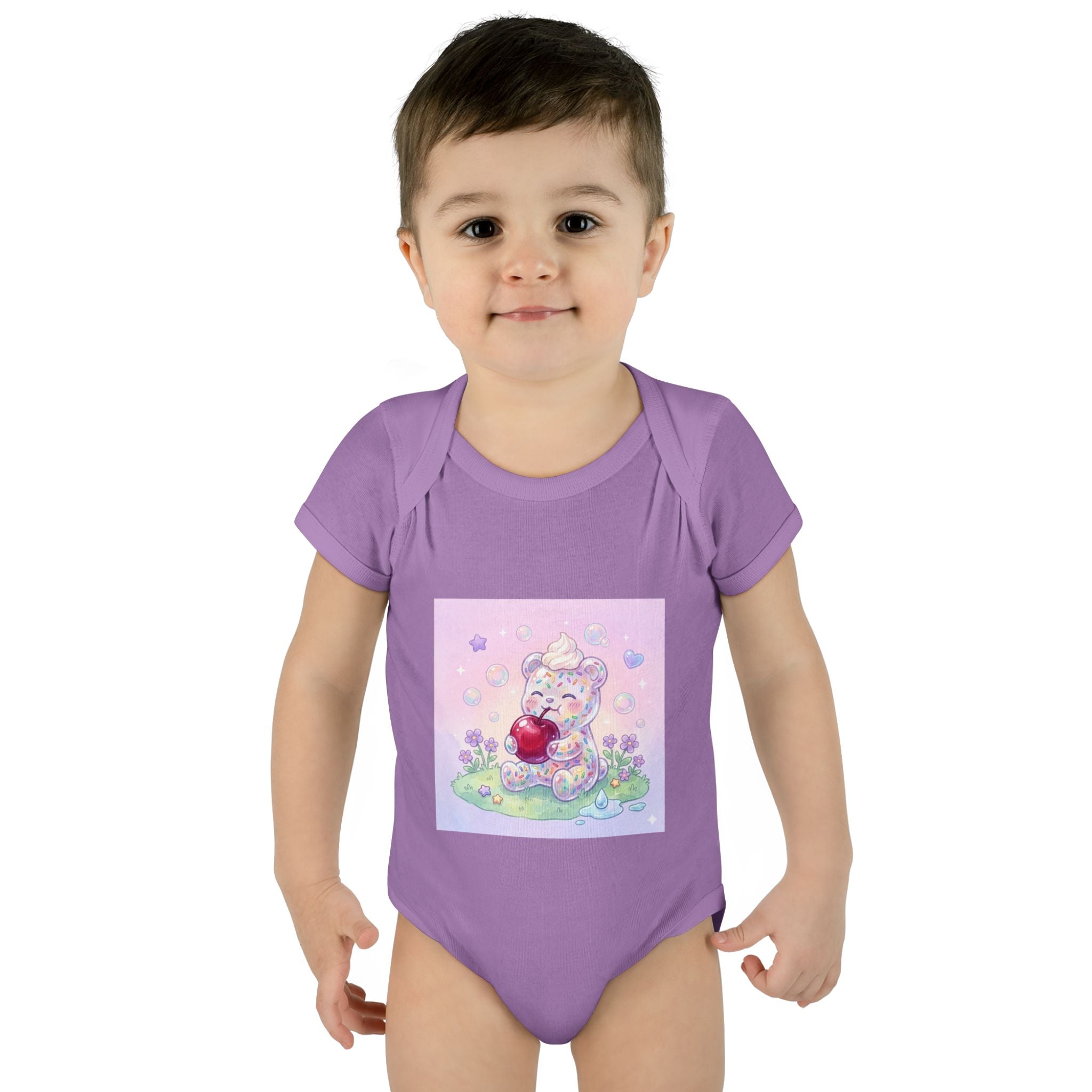 Gooey Gummy Birthday Sprinkles Cake bear eating a Cherry- Infant Onesie