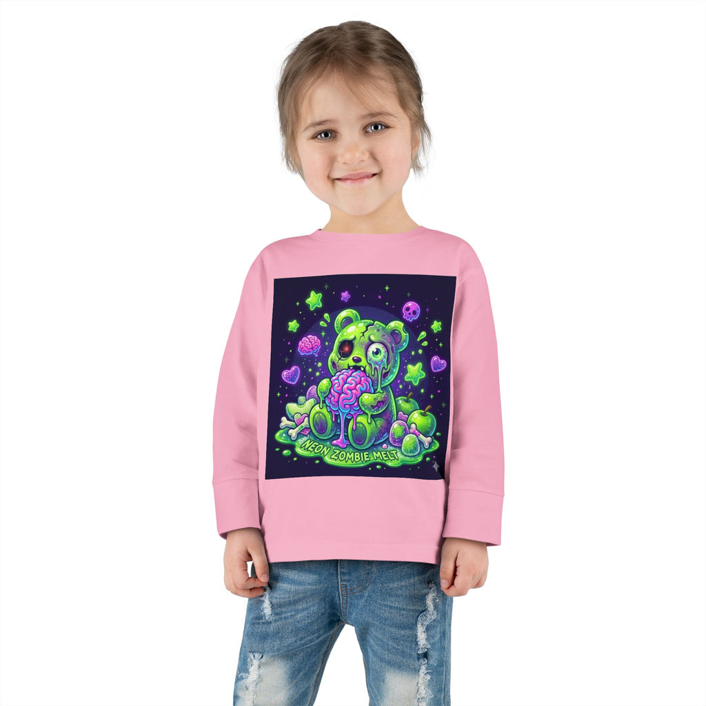 Neon Zombie Oozy Bear Gummy Halloween Addition- Kids Graphic Long Sleeve Shirt
