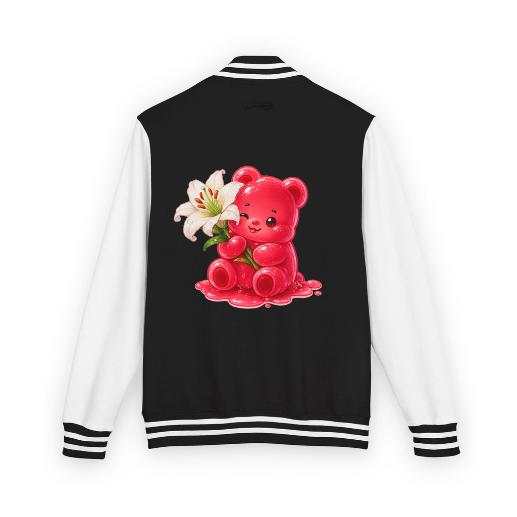 White Lilies, Red Gooey Gummy Friend — Kawaii Graphic Varsity Jacket