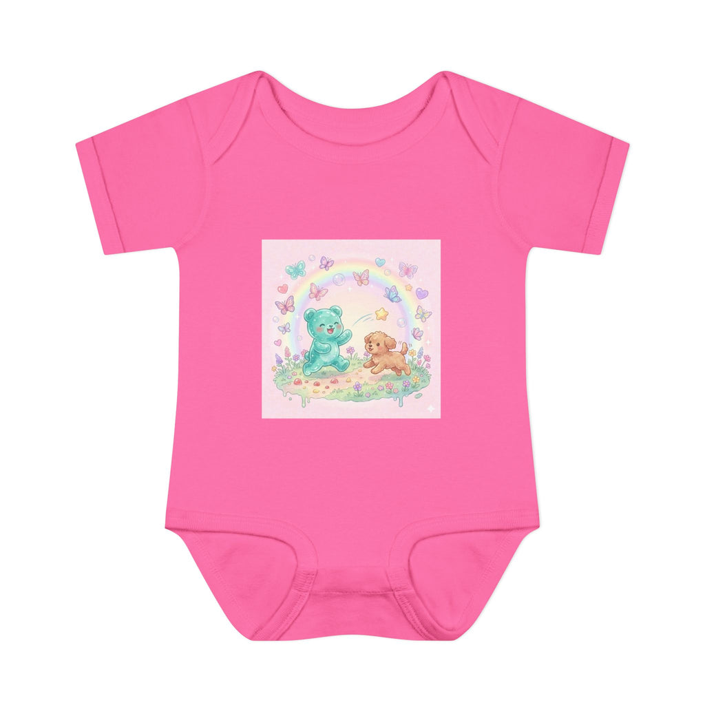 Gooey Gummy Playing Fetch with Puppy, Cute Infant Onesie