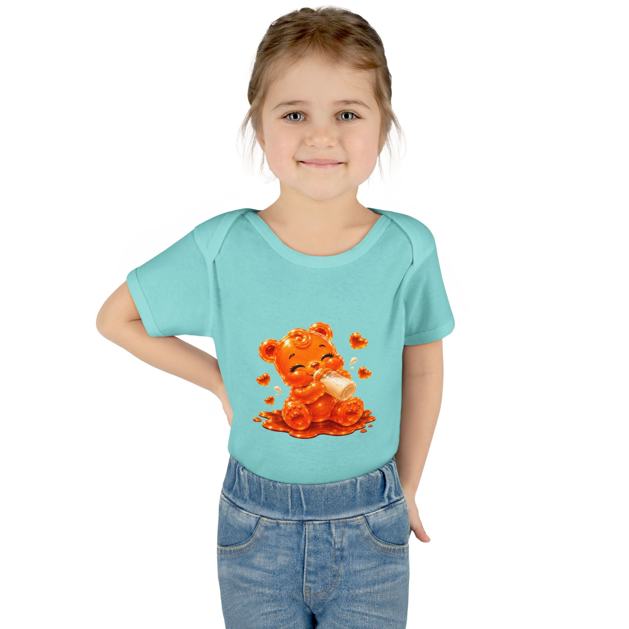 Yummy, Yummy Milk Time Orange Oozy Baby Gummy Bear Cutie Addition- Graphic Onesie