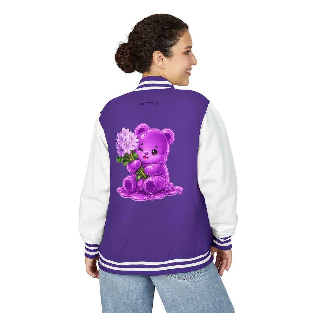 Special Purple Flower Cluster, Oozy Bear Gummy Friend- Letterman Graphic Jacket