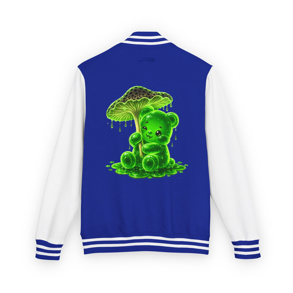 Glowing Green Mushroom, Gooey Gummy Bear Friend — Kawaii Graphic Varsity Jacket
