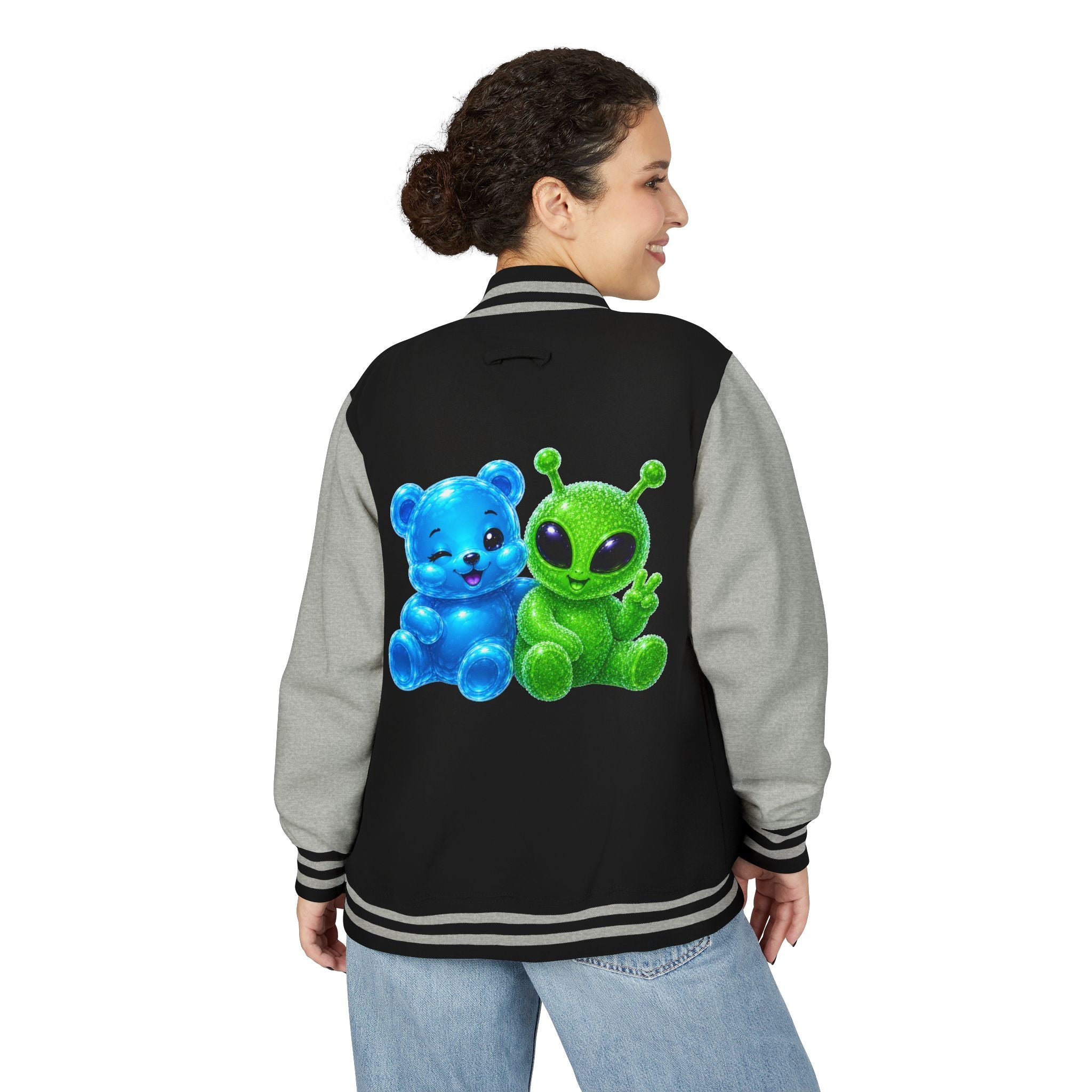 Green Alien and Blue Oozy Bear Gummy Special Addition- Letterman Graphic Jacket