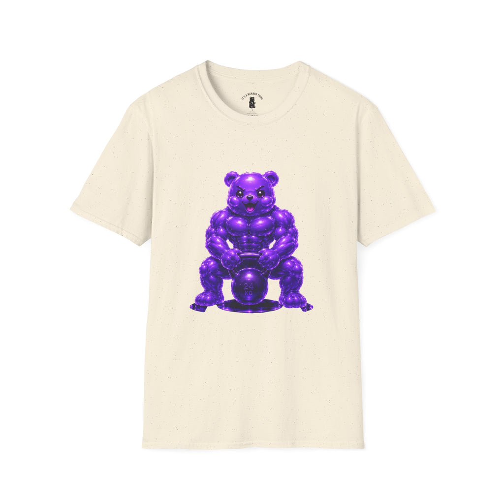 Brawny Violet Oozy Buff Bear with Kettleball Weight- Adult Graphic Shirt (18+)