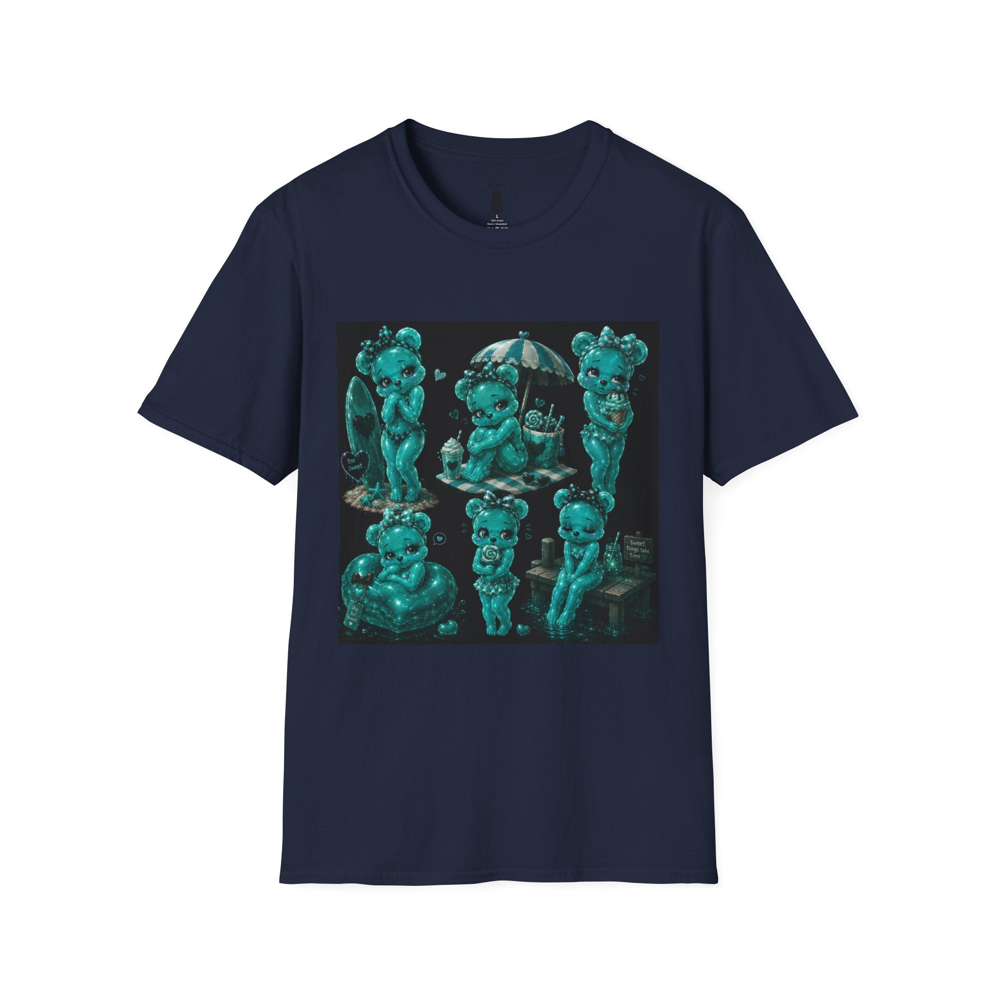 Kawaii Shy Teal Beach Babe Oozy Bear Gummy Pin Up- Adult Graphic Shirt (18+)
