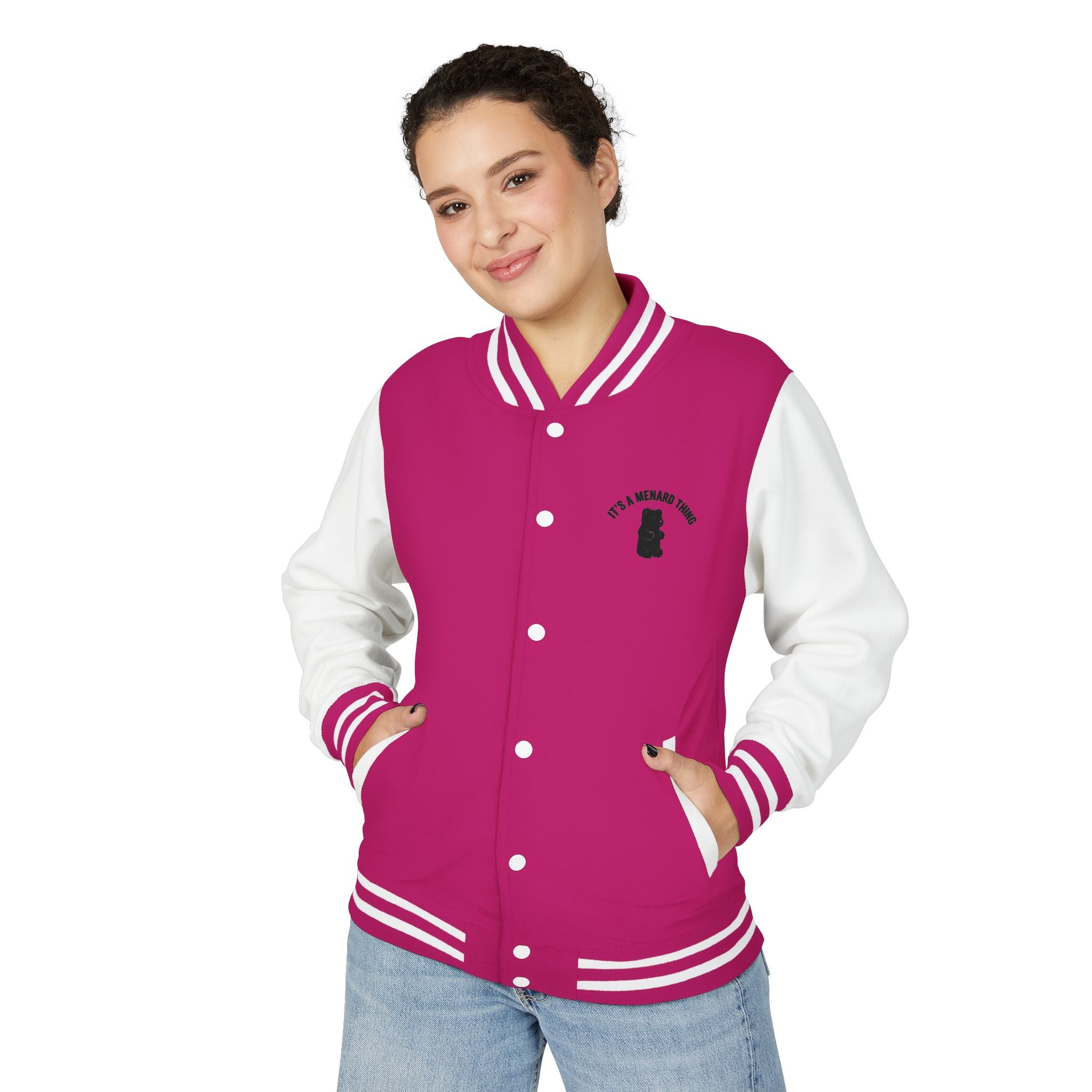 Pretty Pink Mushroom, Gooey Gummy Bear Friend —  Kawaii Graphic Varsity Jacket