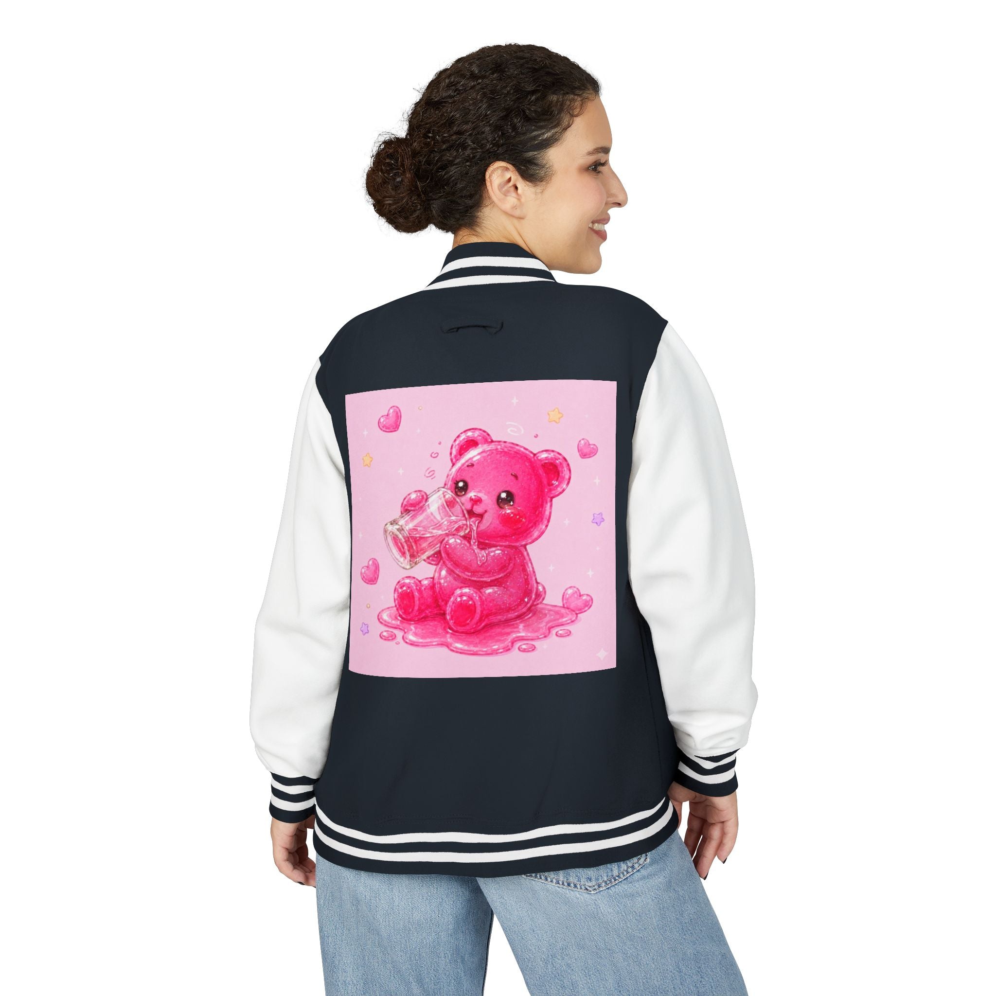Pink Sugar Shock Shot! Boozy Gooey Gummy Bear — Kawaii Graphic Varsity Jacket