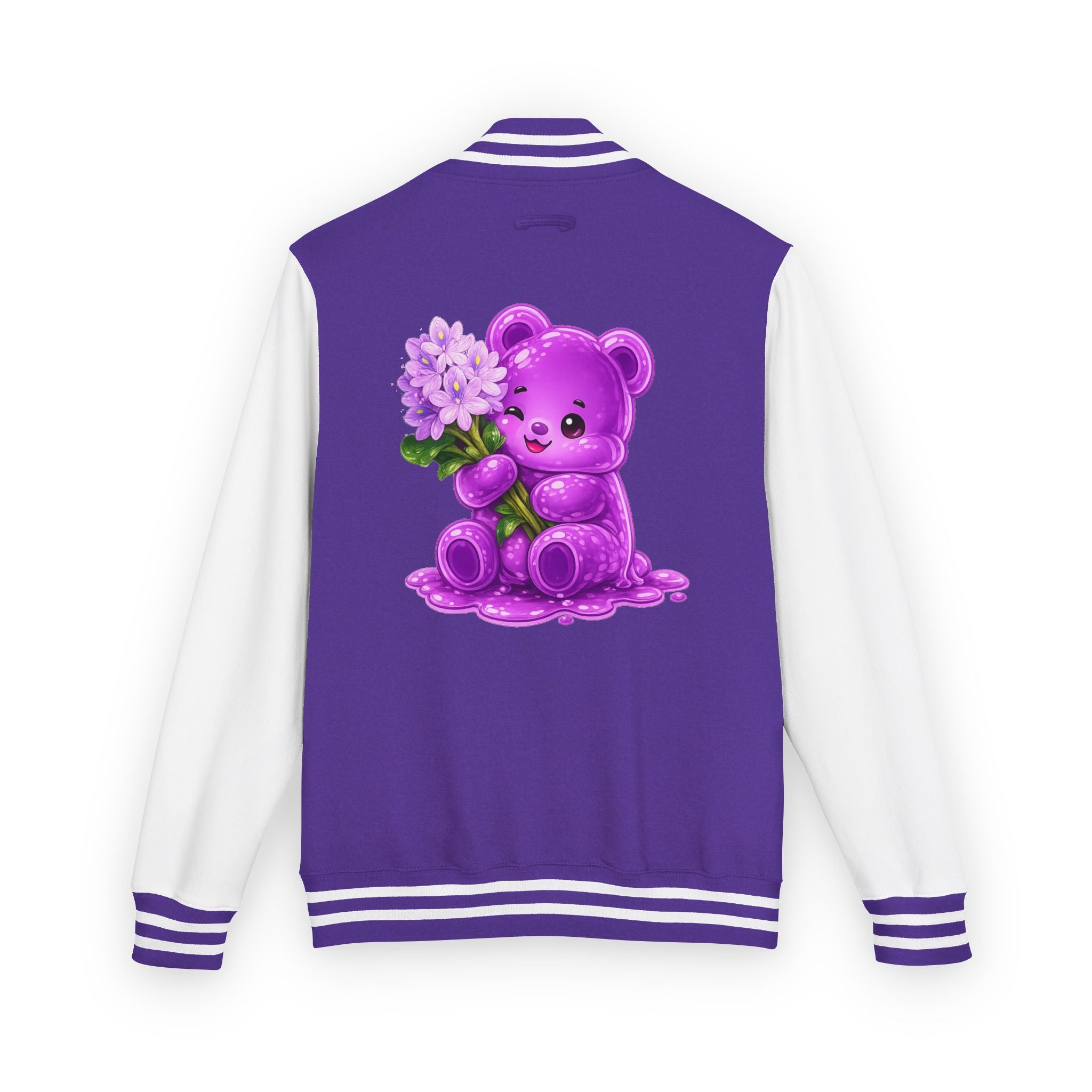 Special Purple Flower Cluster, Oozy Bear Gummy Friend- Letterman Graphic Jacket
