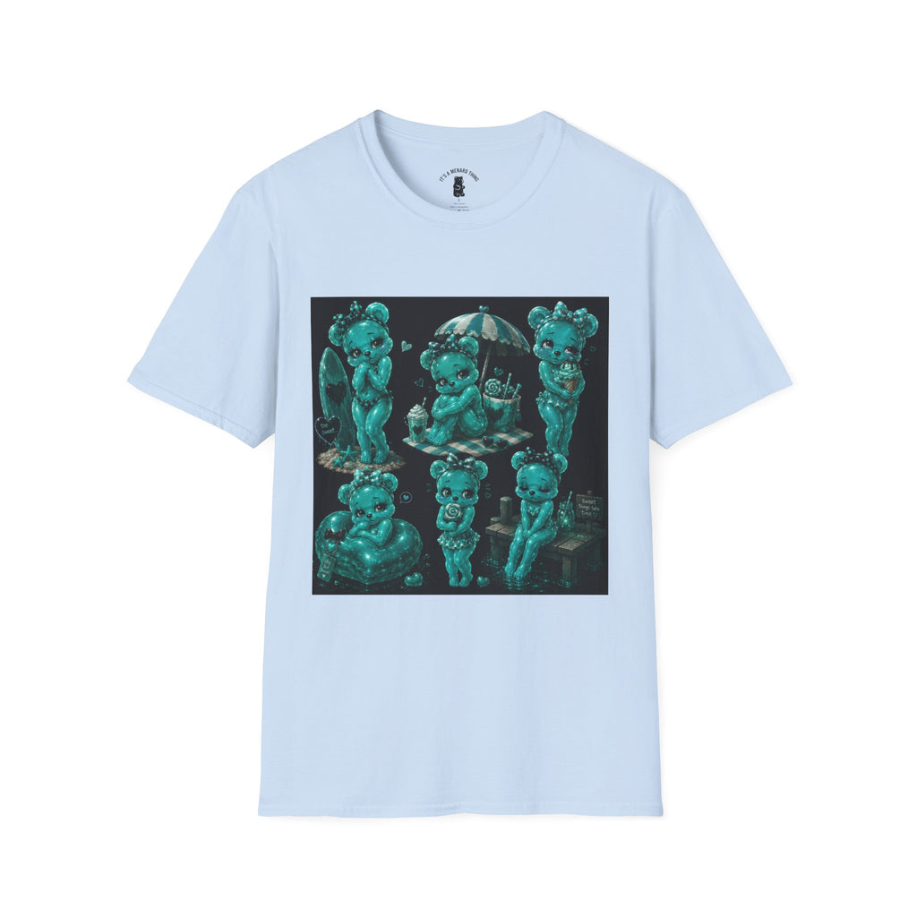 Kawaii Shy Teal Beach Babe Oozy Bear Gummy Pin Up- Adult Graphic Shirt (18+)