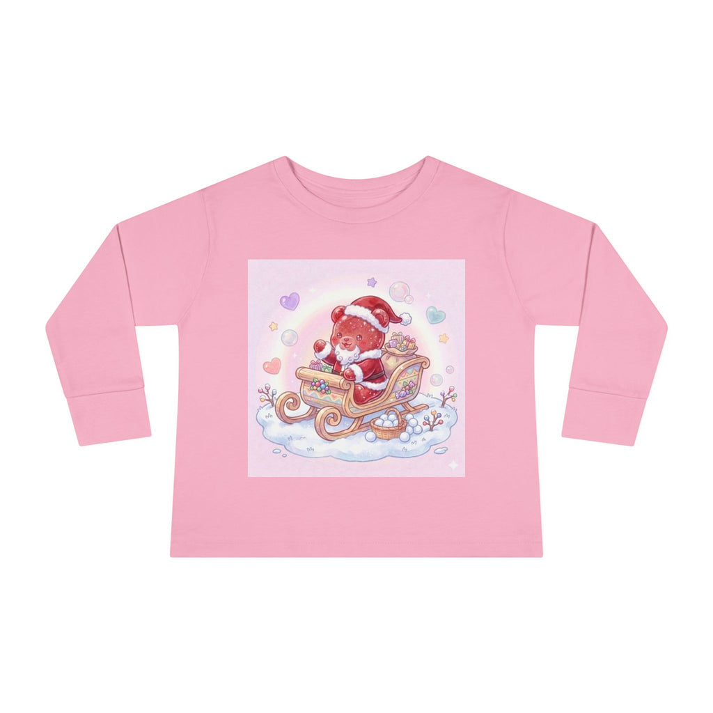 Cute Santa Oozy Bear in Sleigh Christmas- Graphic Long Sleeve Shirt