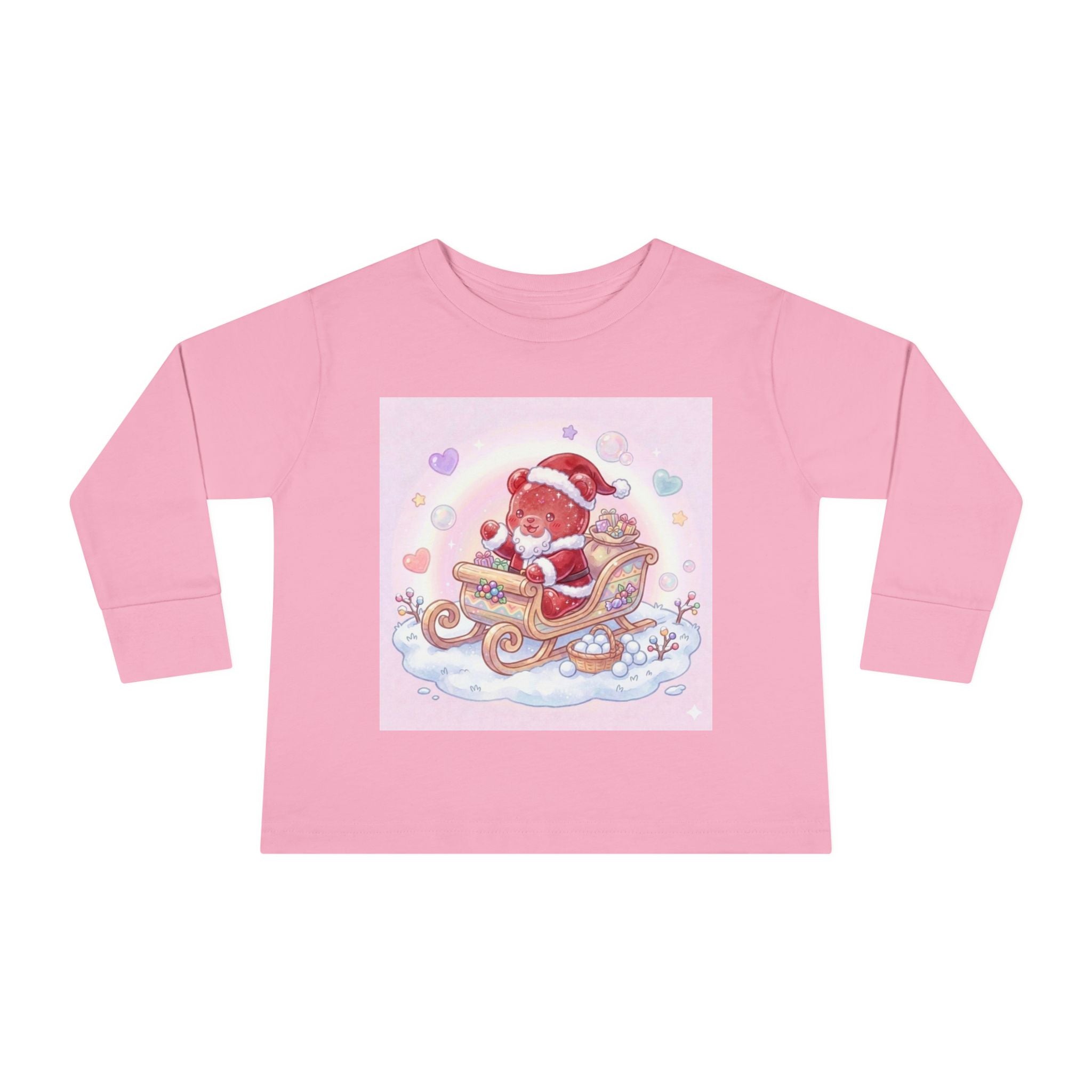 Cute Santa Oozy Bear in Sleigh Christmas- Graphic Long Sleeve Shirt
