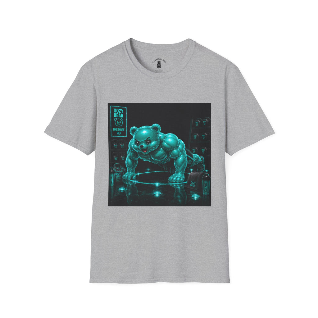 Neon Fitness Push Ups, Teal Oozy Buff Bear Gummy Gym Addition- Adult Graphic Shirt