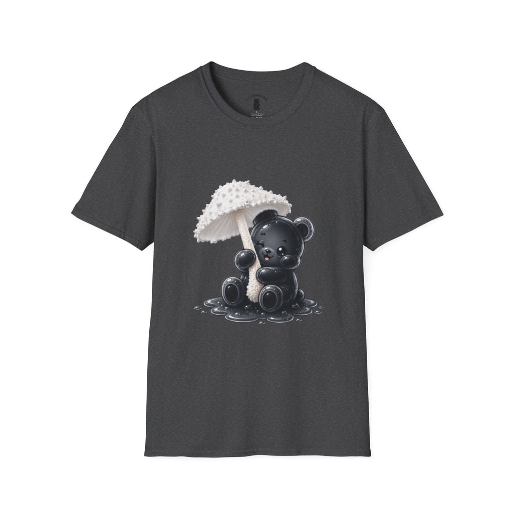 Beautiful Veiled White Mushroom, Black Oozy Bear Gummy Friend- Graphic Shirt